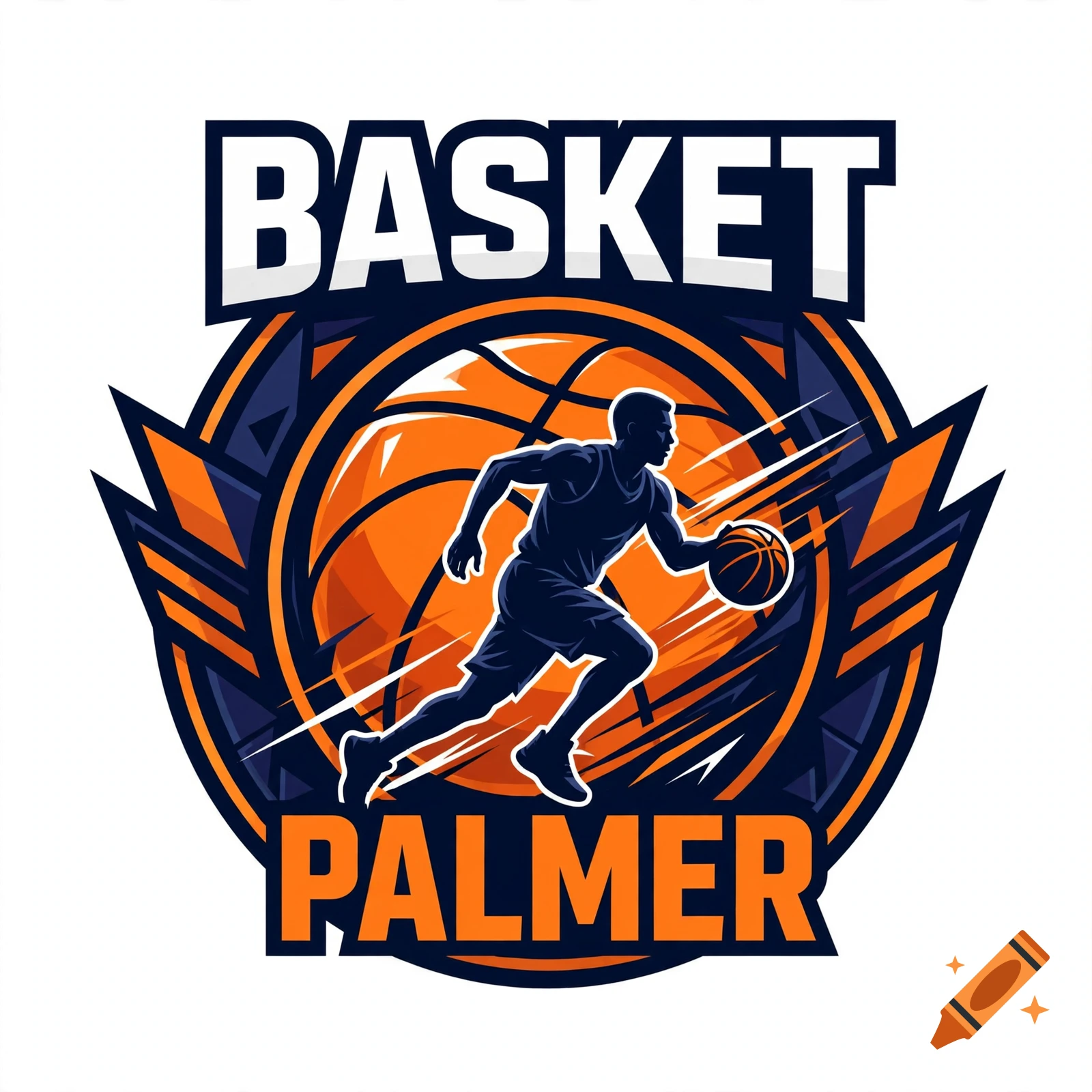 Basketball team logo featuring a stylized player dribbling a basketball with the text BASKET PALMER.