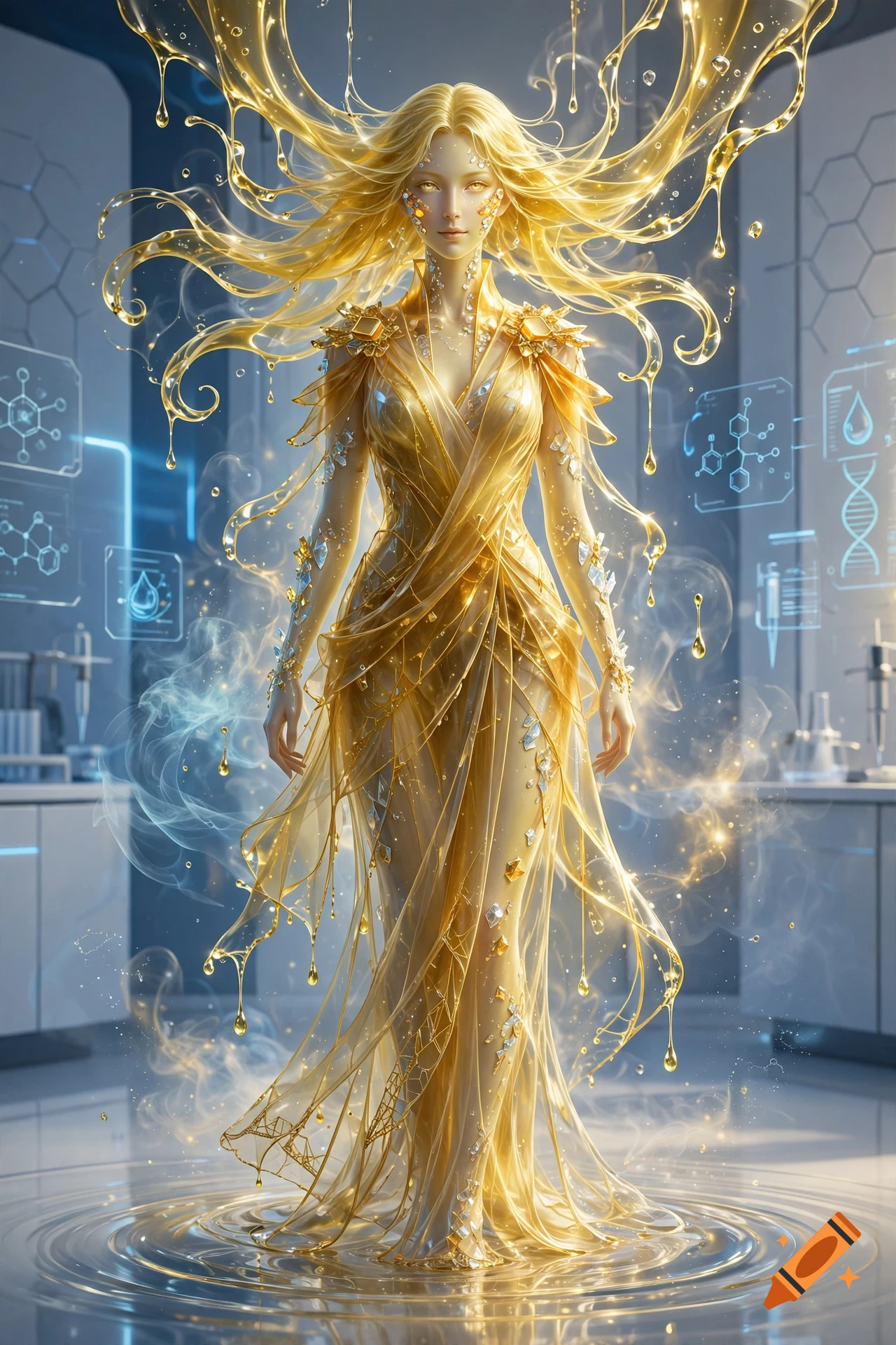 An anthropomorphic female figure made of glowing golden liquid with flowing hair and a futuristic lab background.
