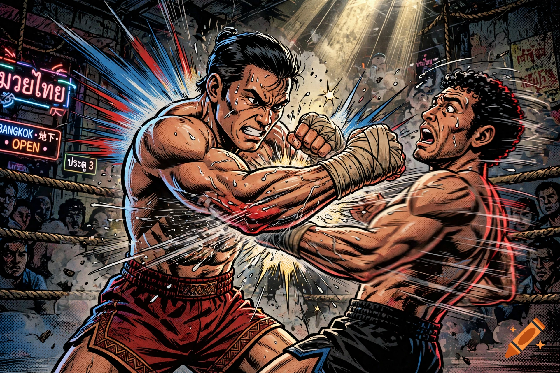 Comic book style illustration of a Muay Thai fighter delivering an elbow strike to his opponent in a Bangkok ring.