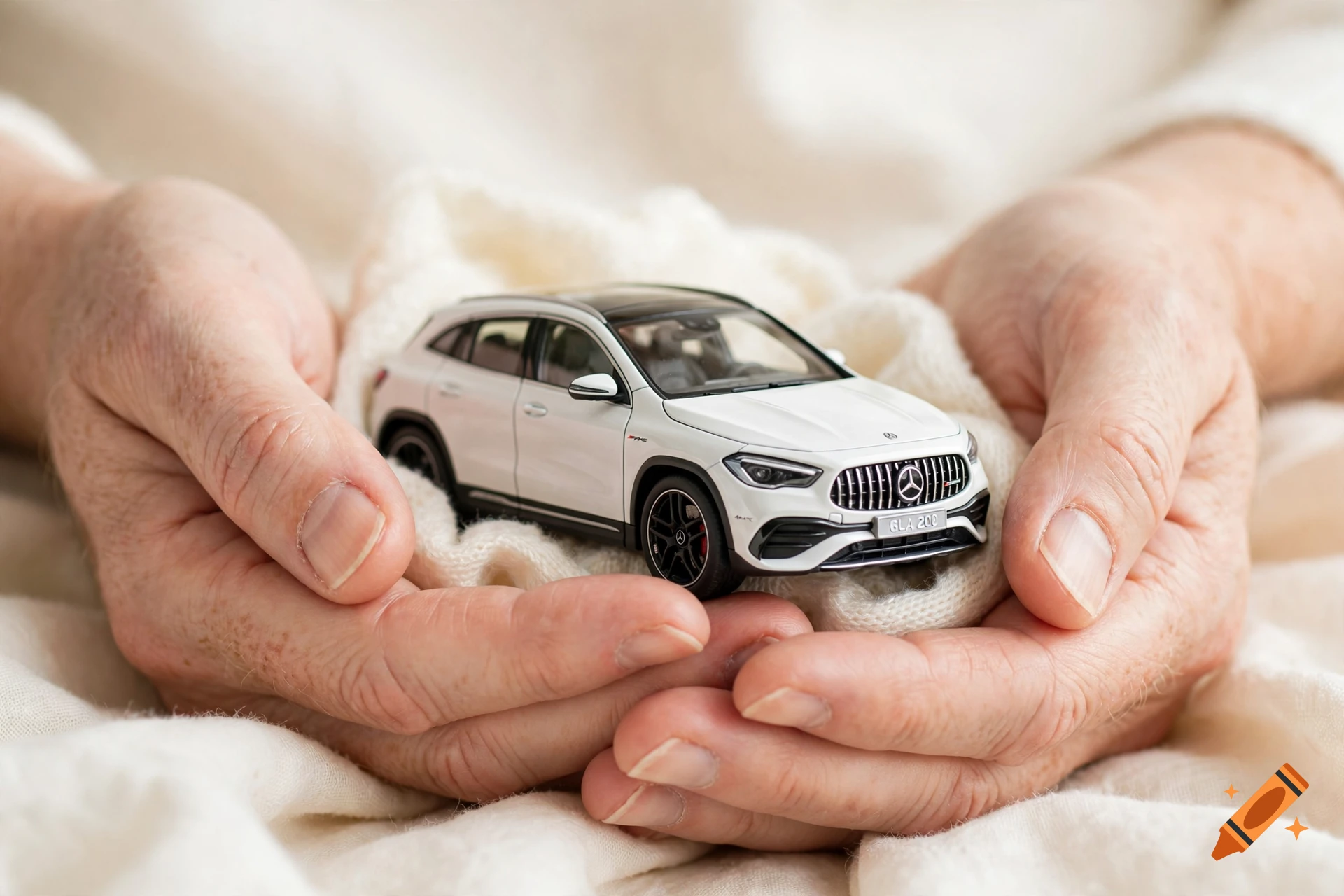Close-up photograph of aging hands holding a miniature white Mercedes-Benz GLA 200 toy car wrapped in a white knit blanket.
