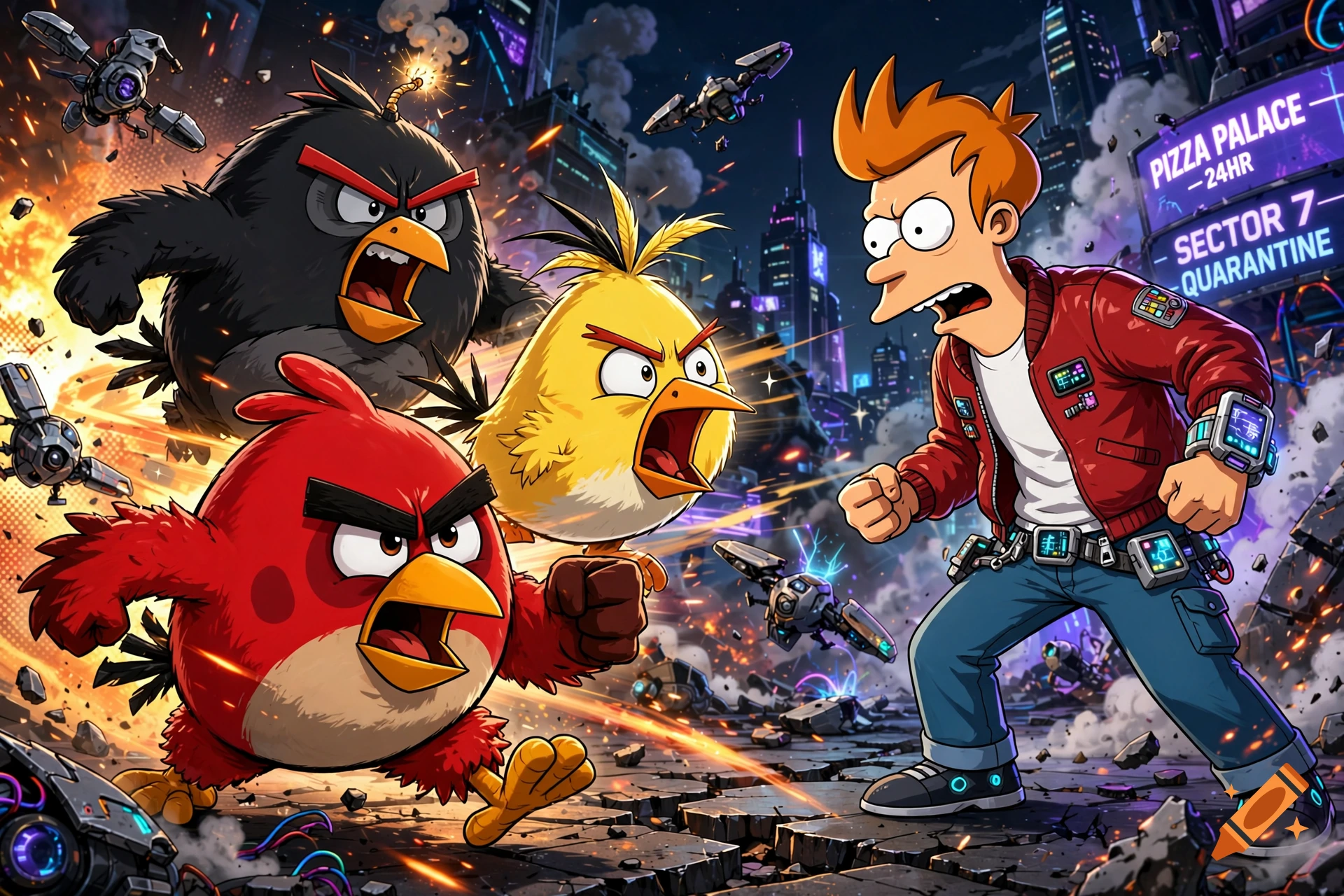 Digital illustration of Fry from Futurama fighting three Angry Birds characters in a futuristic cyberpunk city.