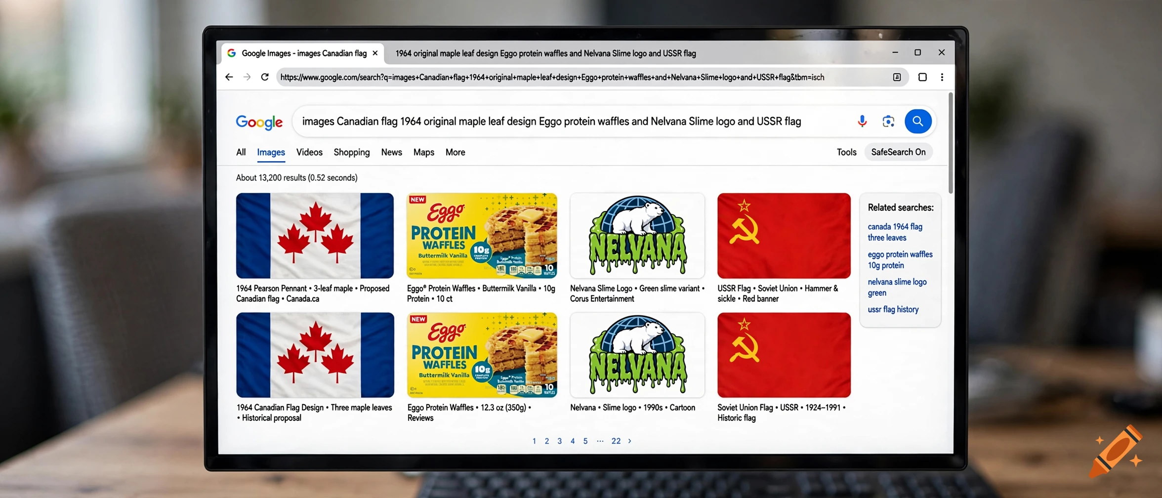 A monitor displaying a Google Image search page with results including Canadian flags, Eggo protein waffles, a Nelvana logo, and a USSR flag.