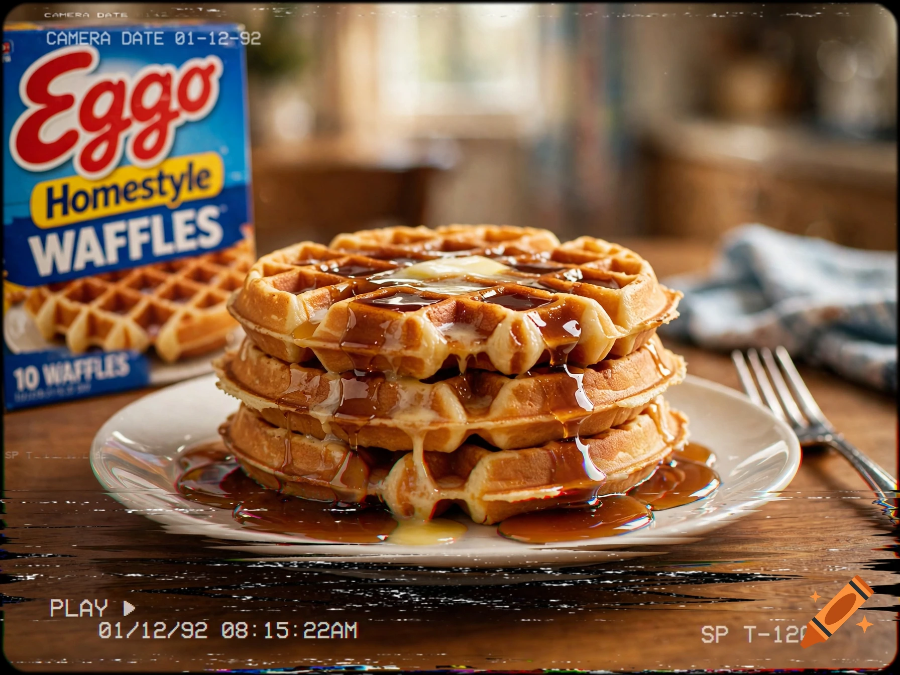 A stack of waffles on a plate with syrup and butter, beside an Eggo waffle box, styled with a 1992 VHS aesthetic.
