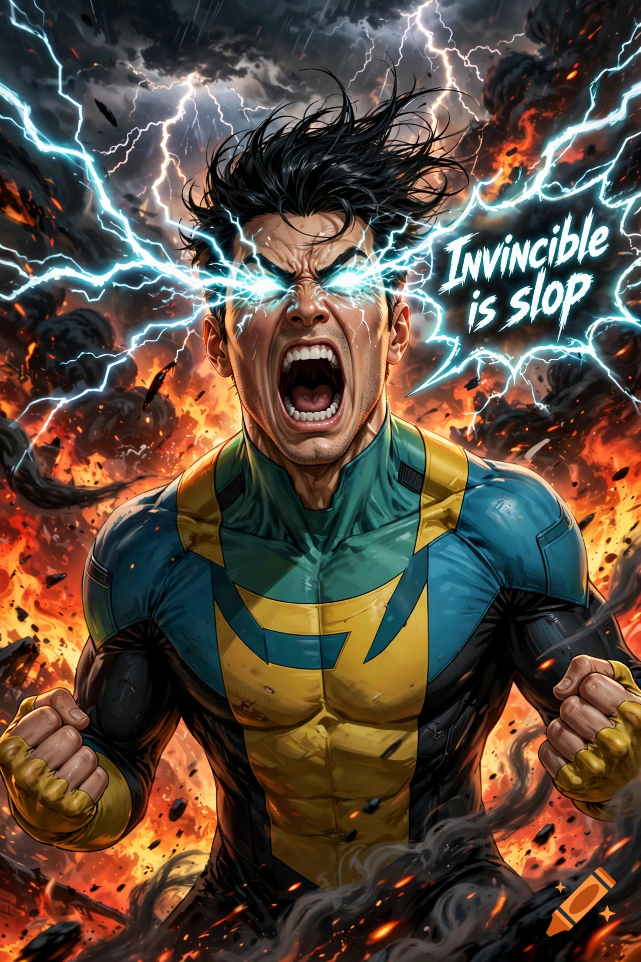 Illustration of Mark Grayson as Invincible screaming with lightning coming out of his eyes amid fire and destruction.