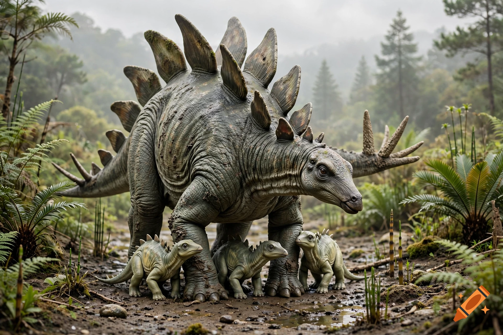 Photorealistic image of a large Stegosaurus with three babies standing in a muddy prehistoric forest.