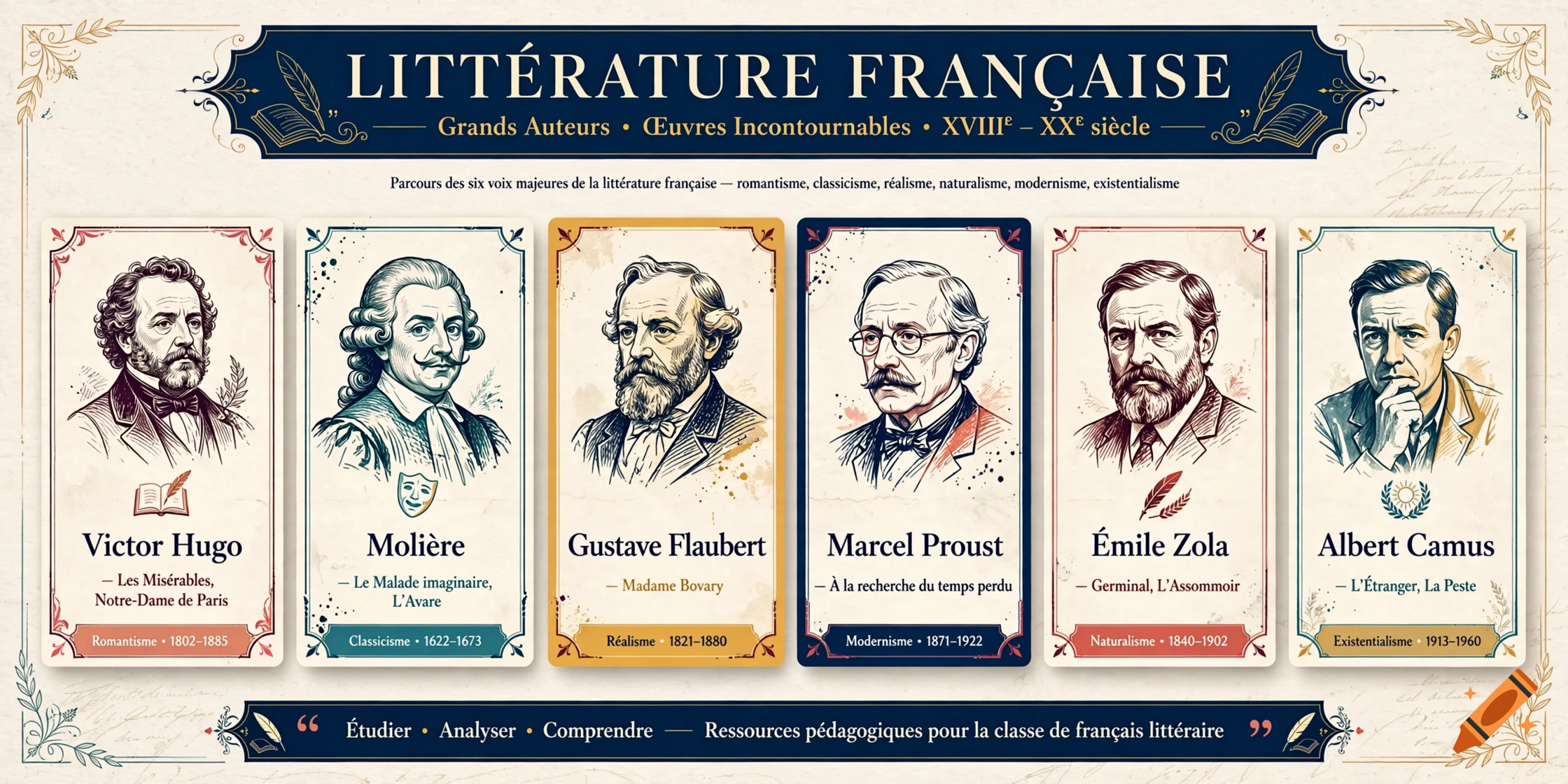 Educational poster on French literature featuring portraits and names of famous authors like Victor Hugo and Moliere in a vintage card style.