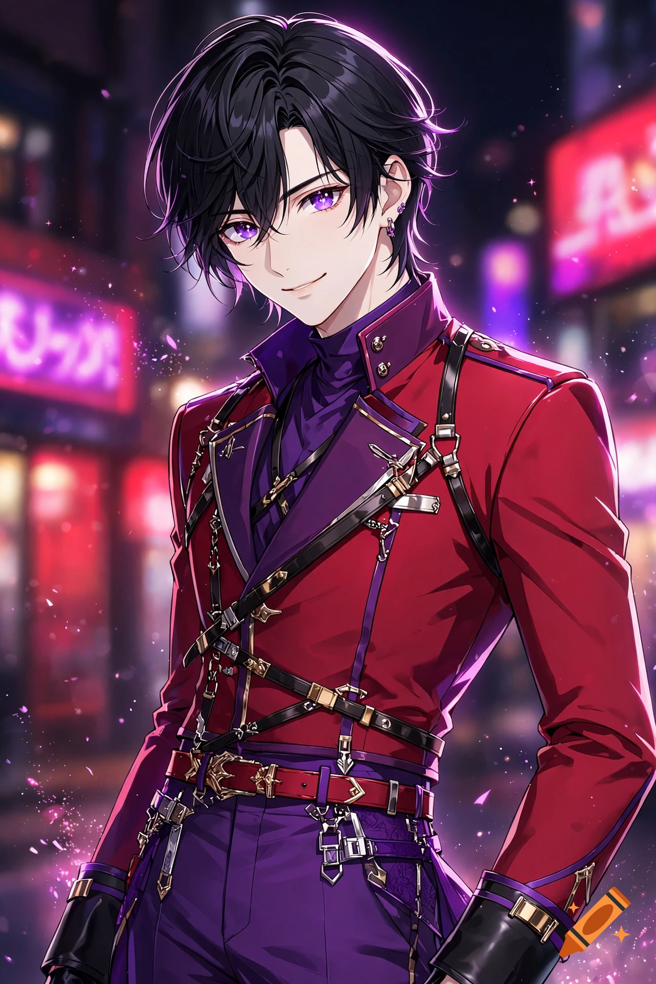 Anime style illustration of a young man with black hair and purple eyes wearing a red and purple military-style jacket.