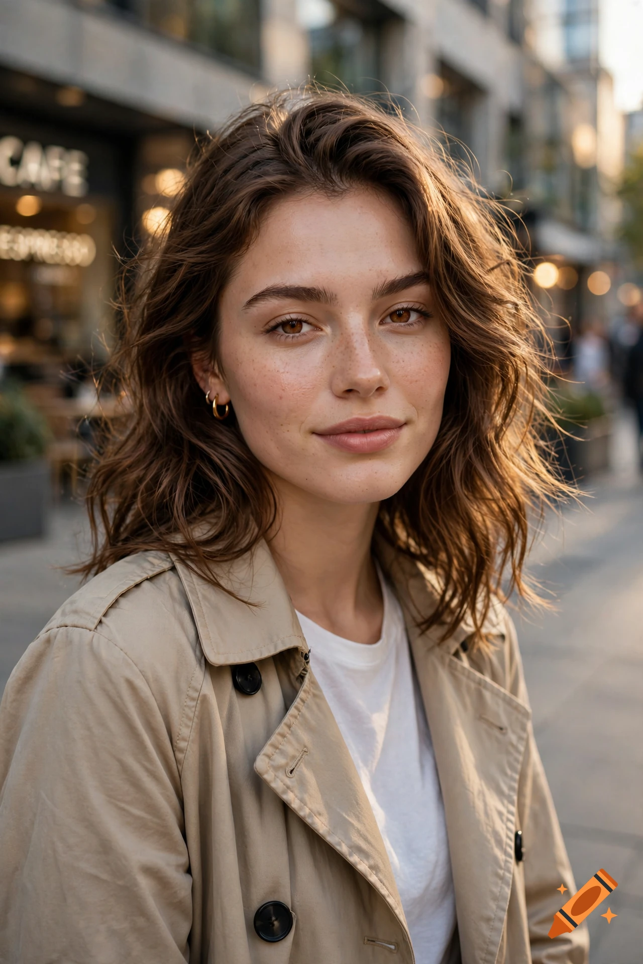 Close-up photorealistic portrait of a young woman with wavy brown hair and freckles, wearing a beige trench coat outdoors.