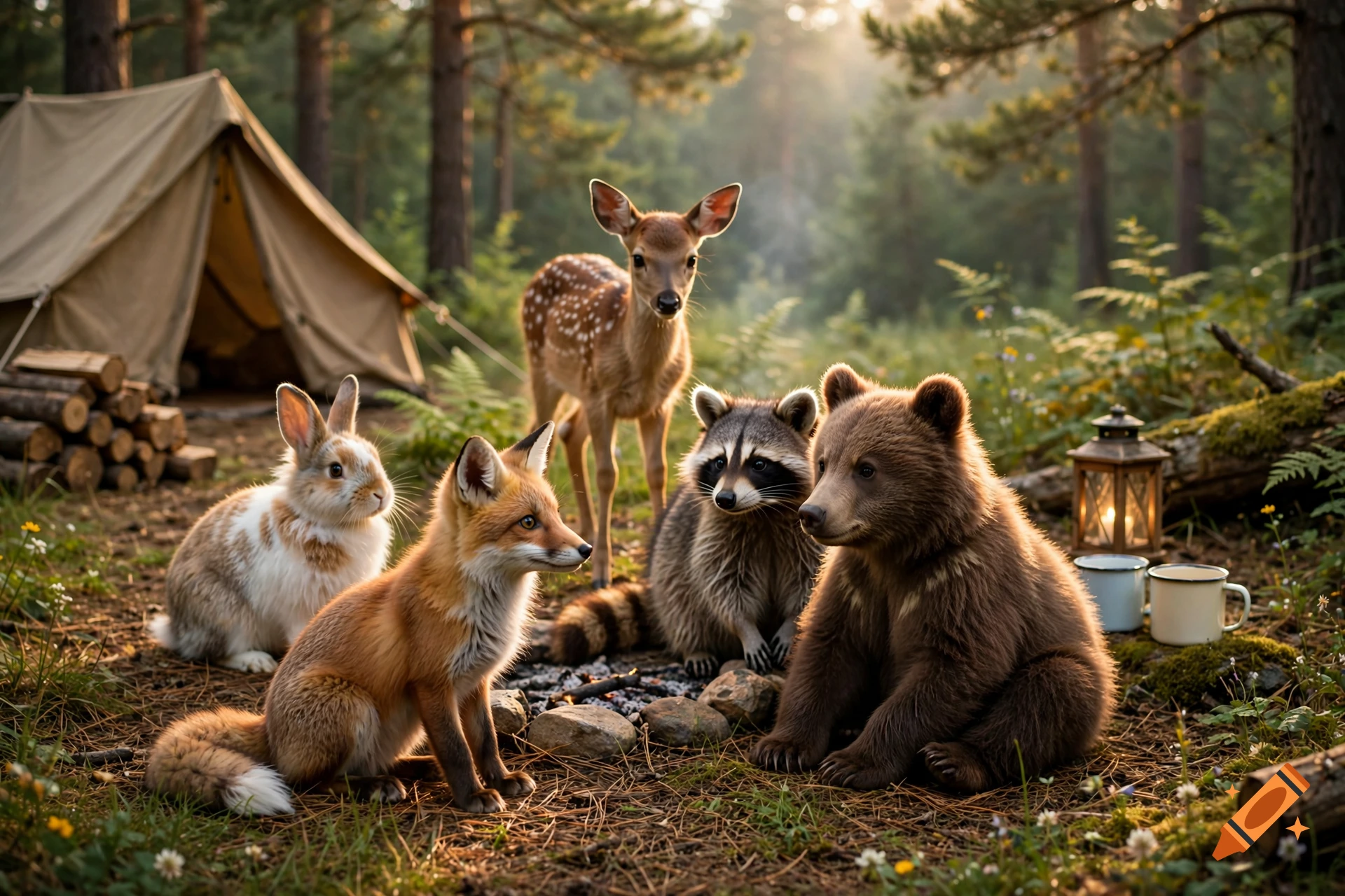 Photorealistic image of cute wild animals including a deer, fox, raccoon, bear, and rabbit gathered around a campfire near a tent in a forest.