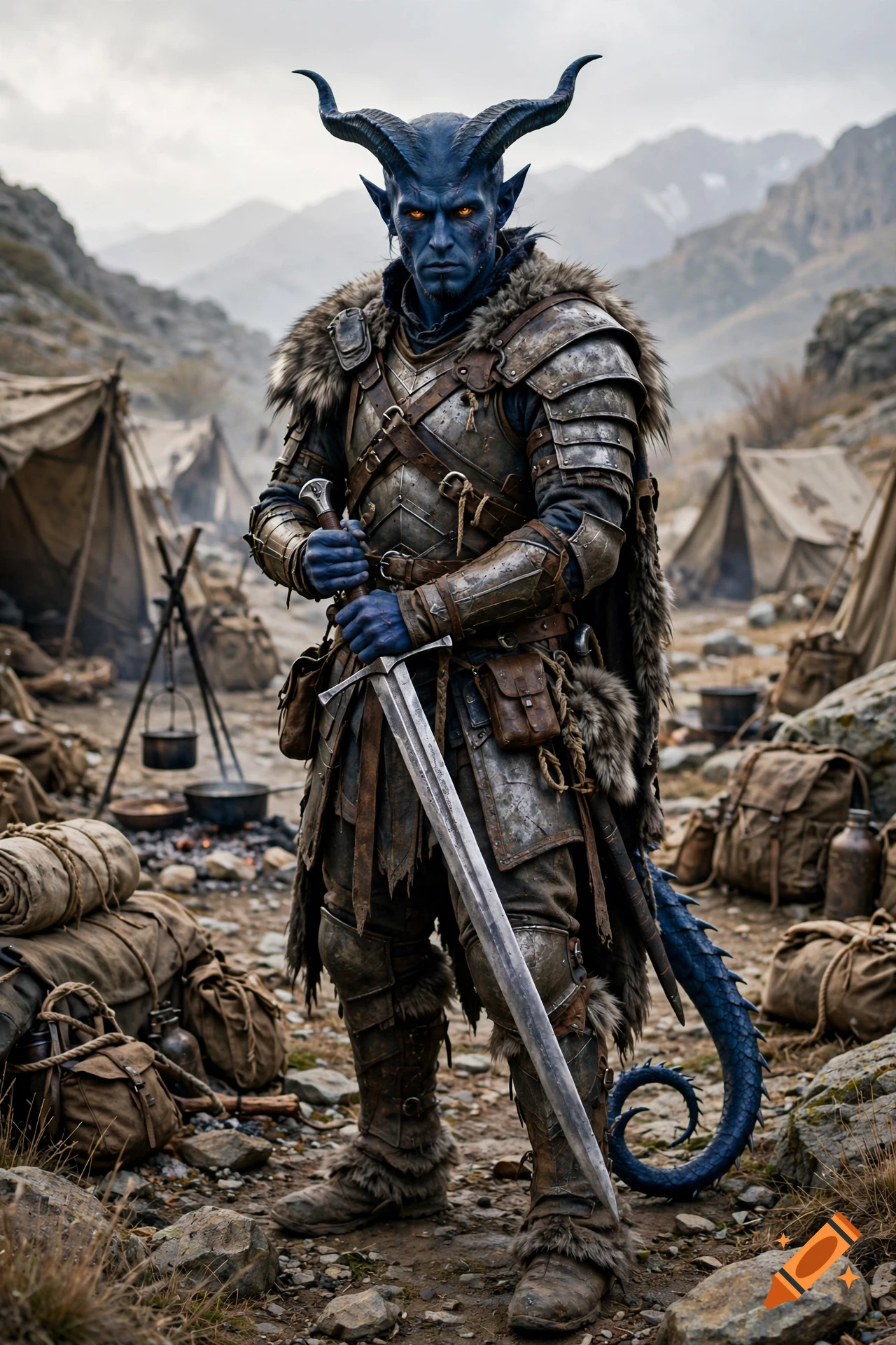 Photorealistic image of a blue tiefling warrior with horns and a barbed tail, wearing heavy armor and holding a longsword in a camp.