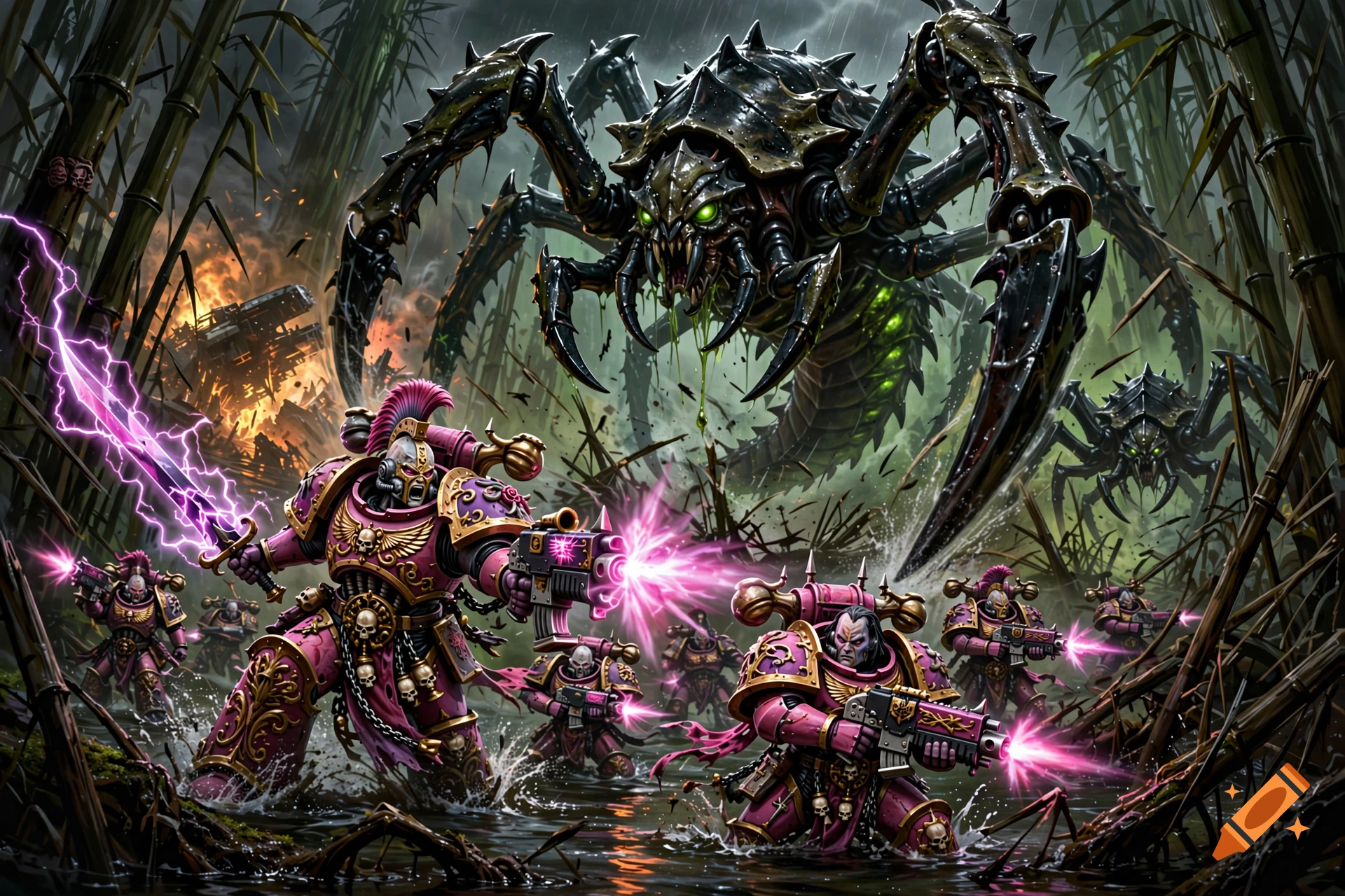 Warhammer 40k Emperors Children space marines fighting giant arachnid monsters in a dark bamboo forest, digital art.