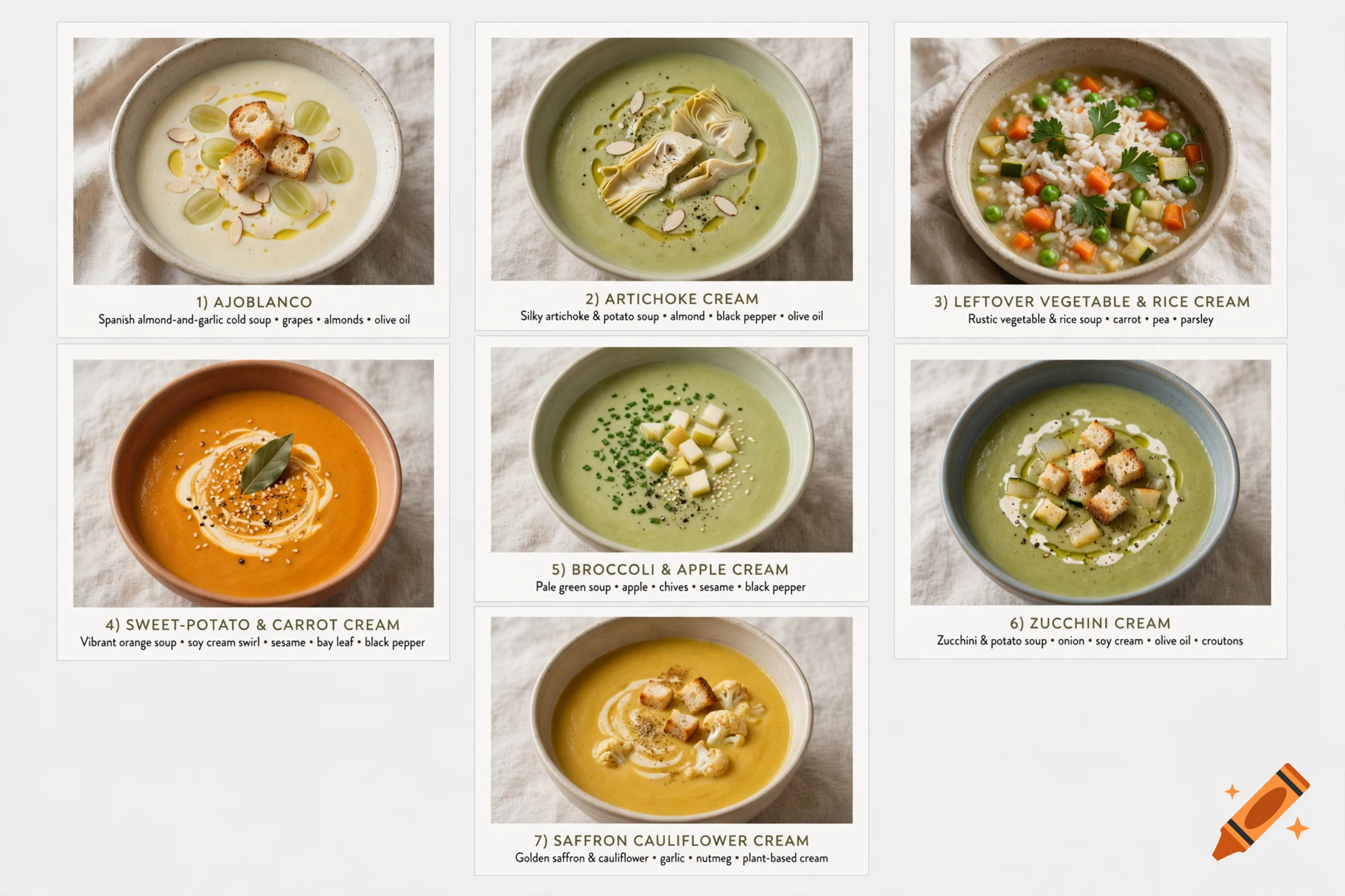 Collage of seven bowls of different vegetable and cream soups with titles and ingredient lists, styled as a cookbook page.