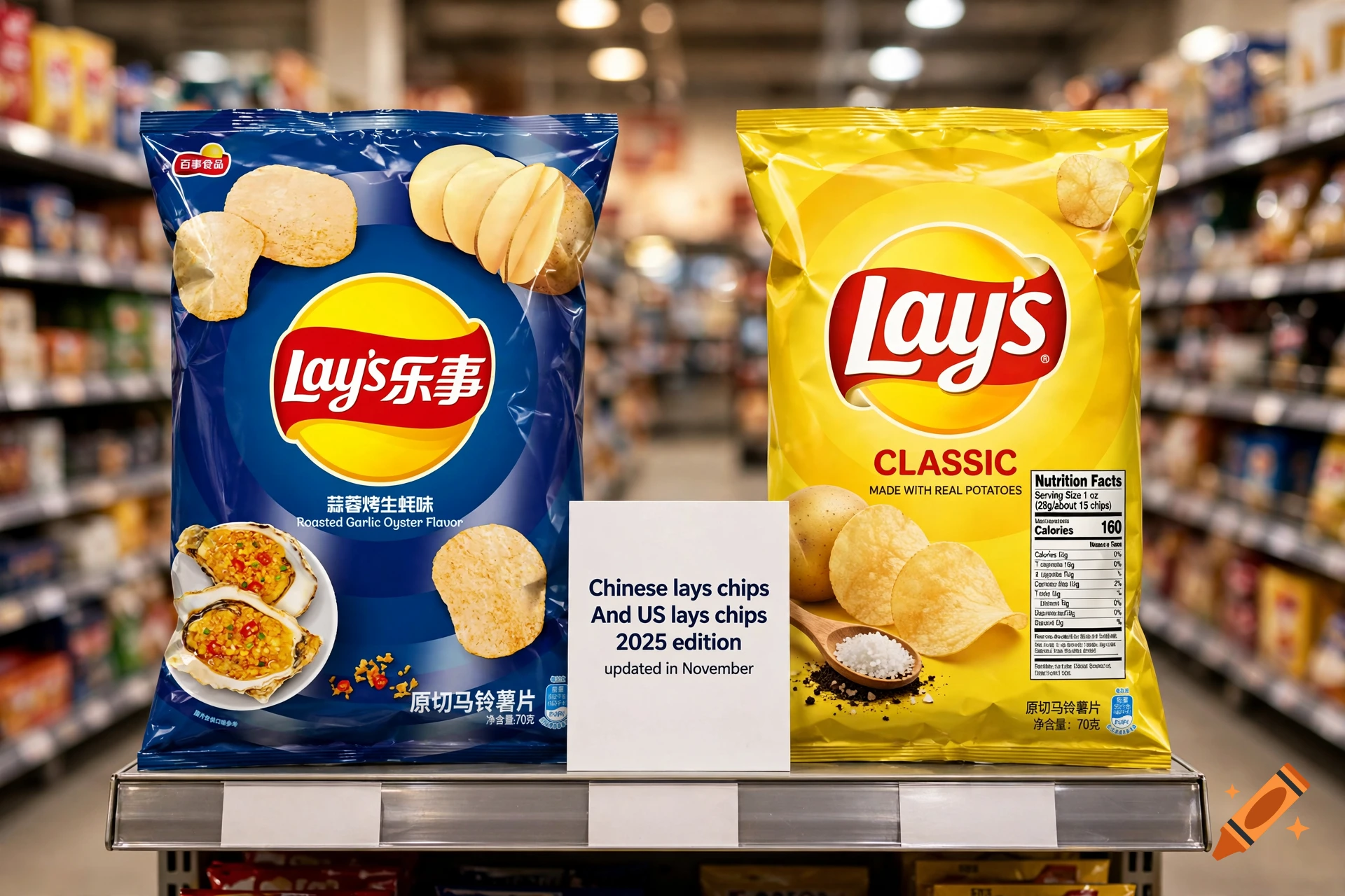 Photorealistic image of two bags of Lay's potato chips on a grocery store shelf, featuring a blue roasted garlic oyster flavor bag and a yellow classic bag.