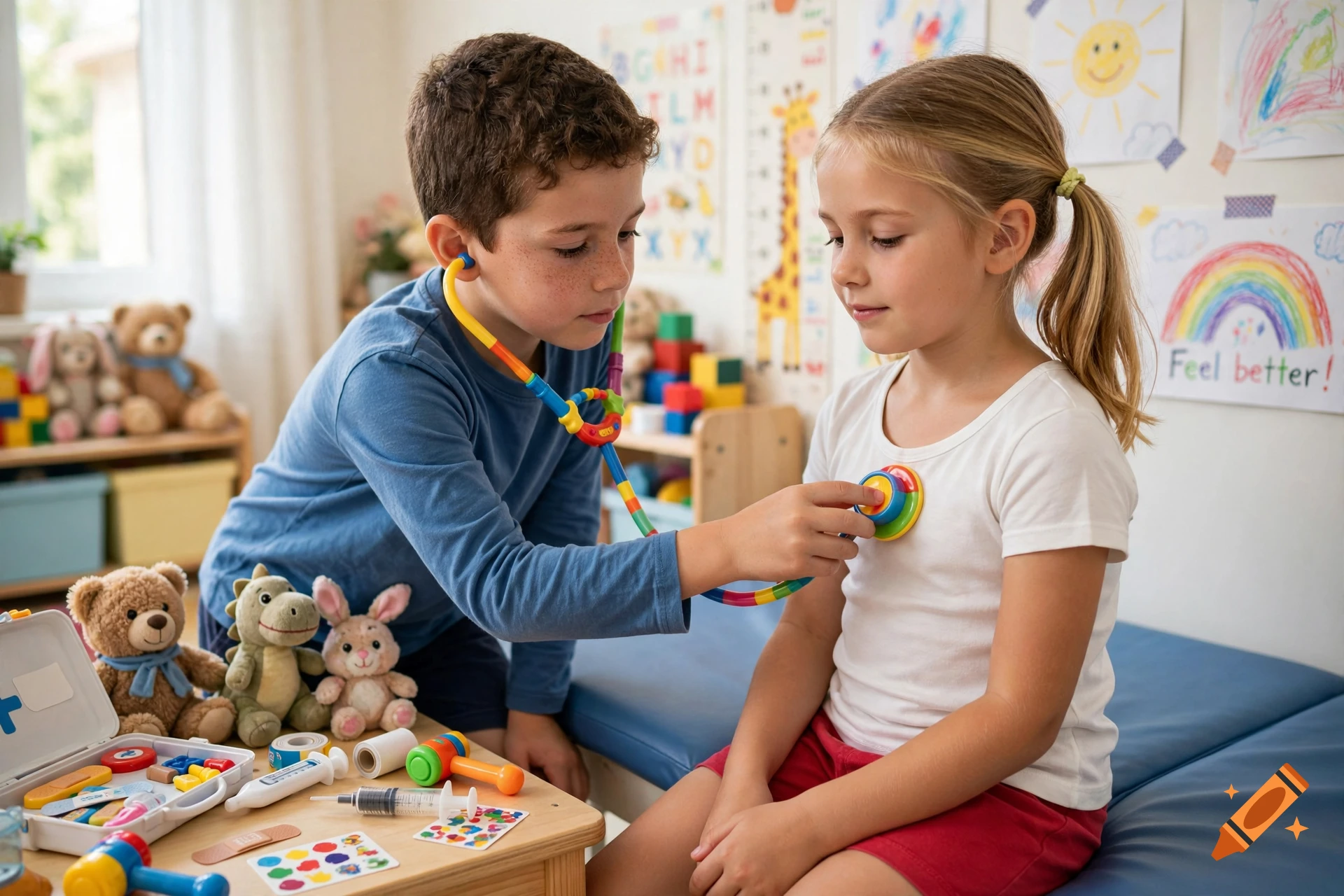 Photorealistic image of a young boy using a toy stethoscope to listen to a girl's heartbeat in a playroom.