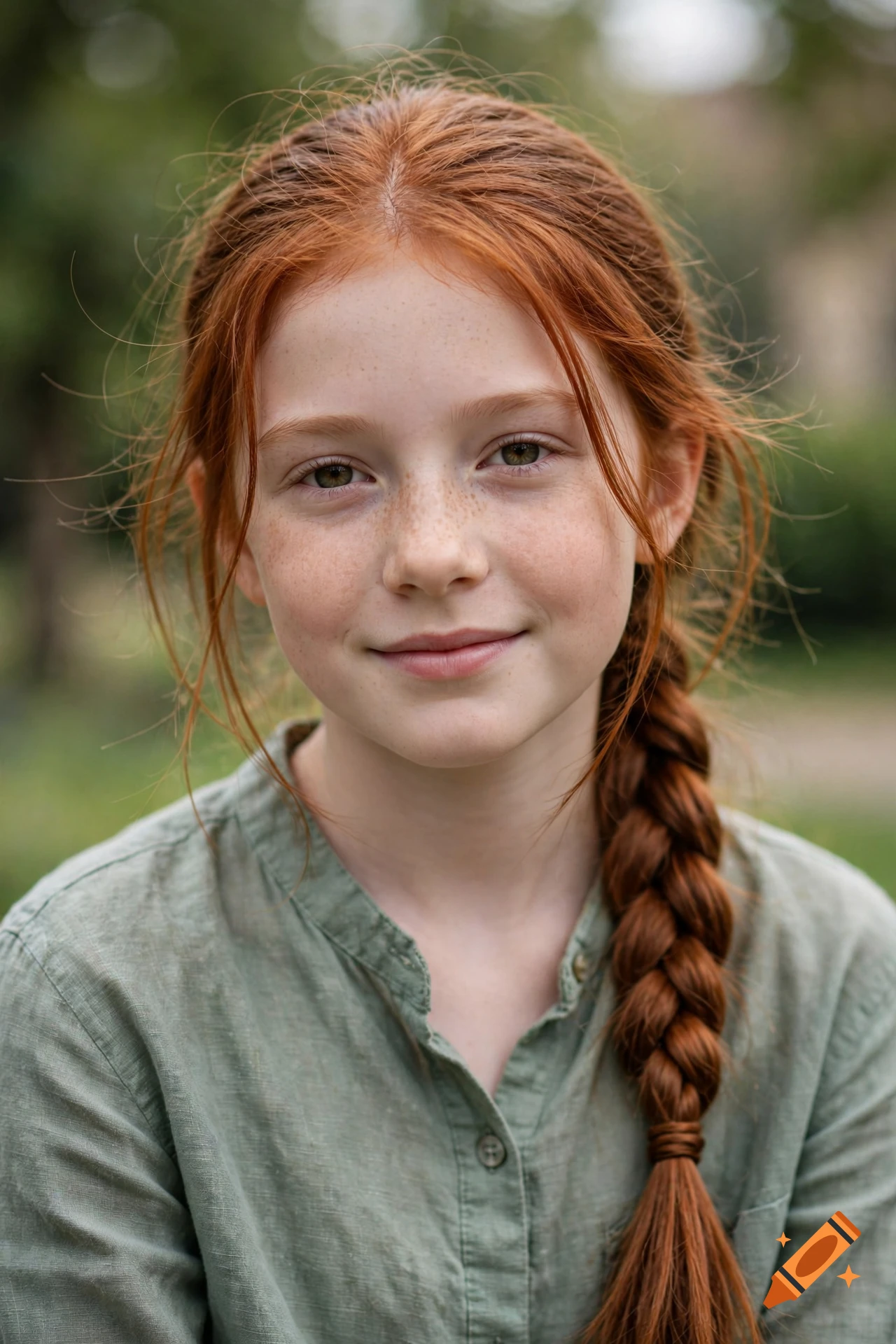 Portrait of a 12-year-old girl with long red hair in a braid and freckles, wearing a green linen shirt, photorealistic.