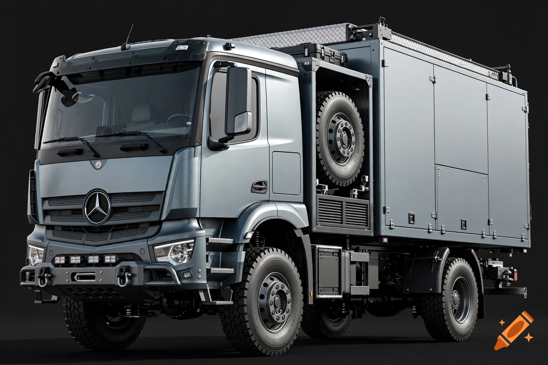 3D photorealistic render of a modern gray heavy-duty expedition truck with off-road tires and a custom camper box.