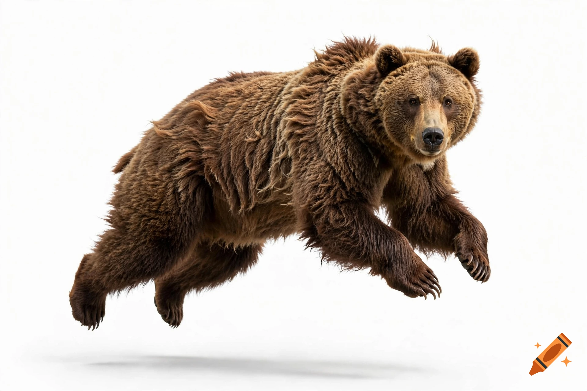 A photorealistic brown bear mid-air leaping against a solid white background.