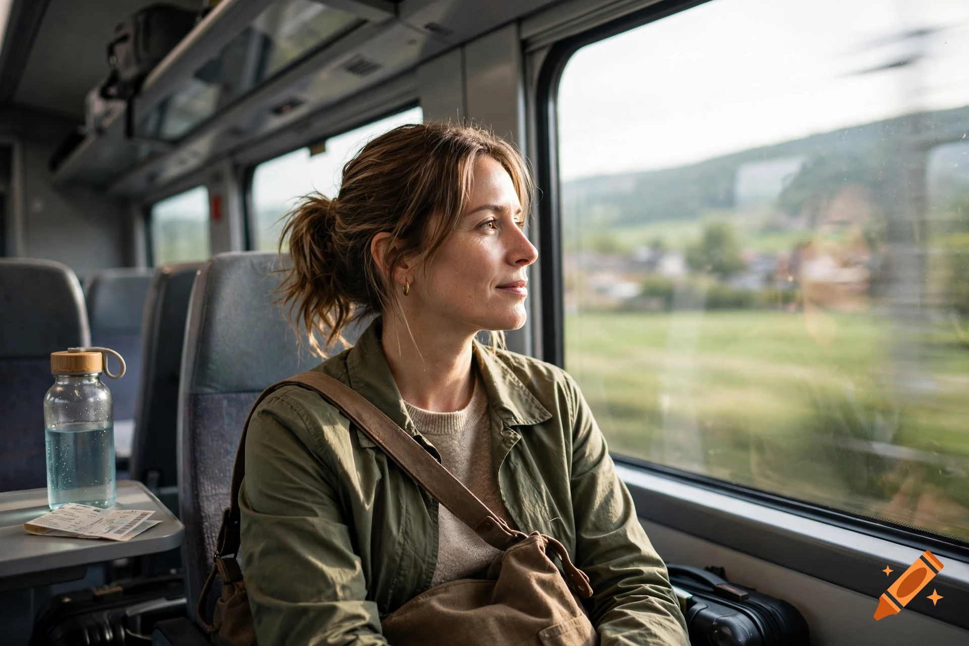 Photorealistic image of a woman looking out a train window with a water bottle and tickets on the tray table.