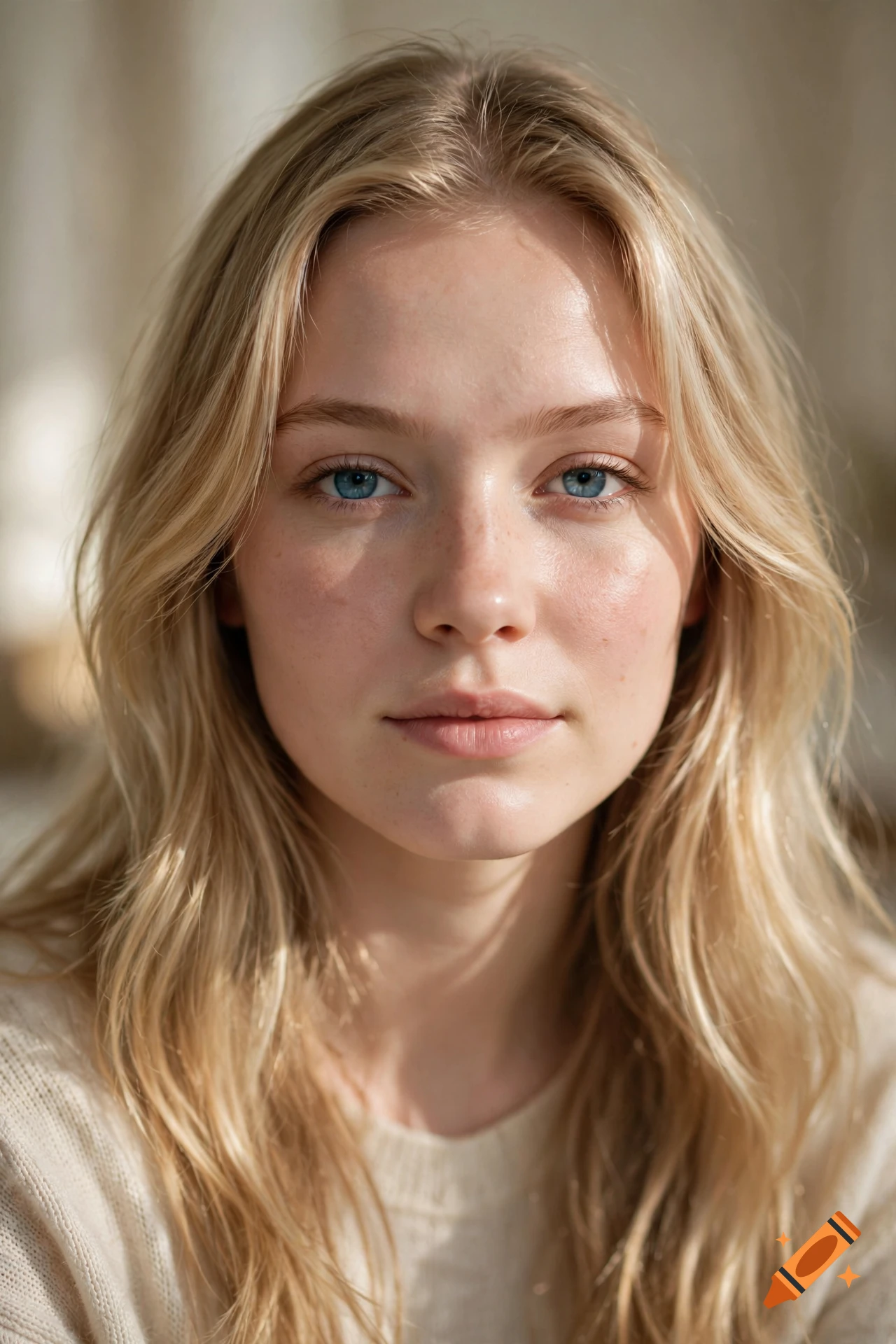 Close-up photorealistic portrait of a young woman with long blonde hair and blue eyes.