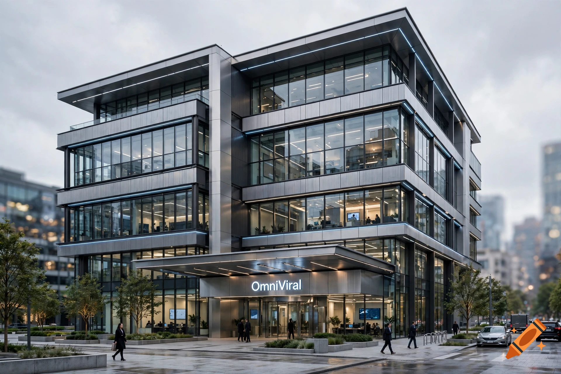 Photorealistic modern glass and steel office building with OmniViral signage at the entrance on a cloudy day.