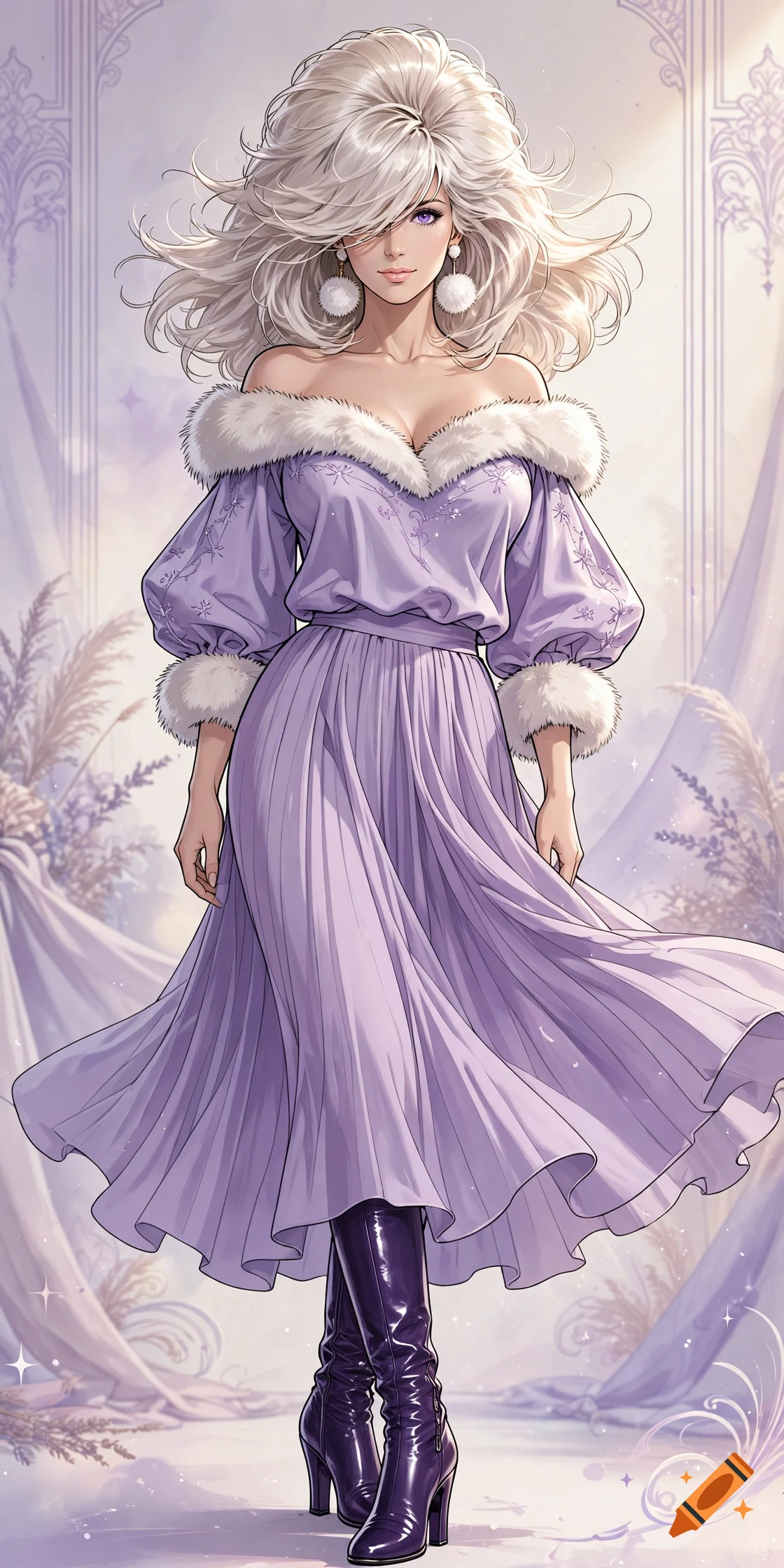 Manhwa style art of a busty young woman with a large platinum blonde bouffant hairstyle, violet eyes, purple off-shoulder fur-lined blouse, pleated skirt, and purple leather boots.