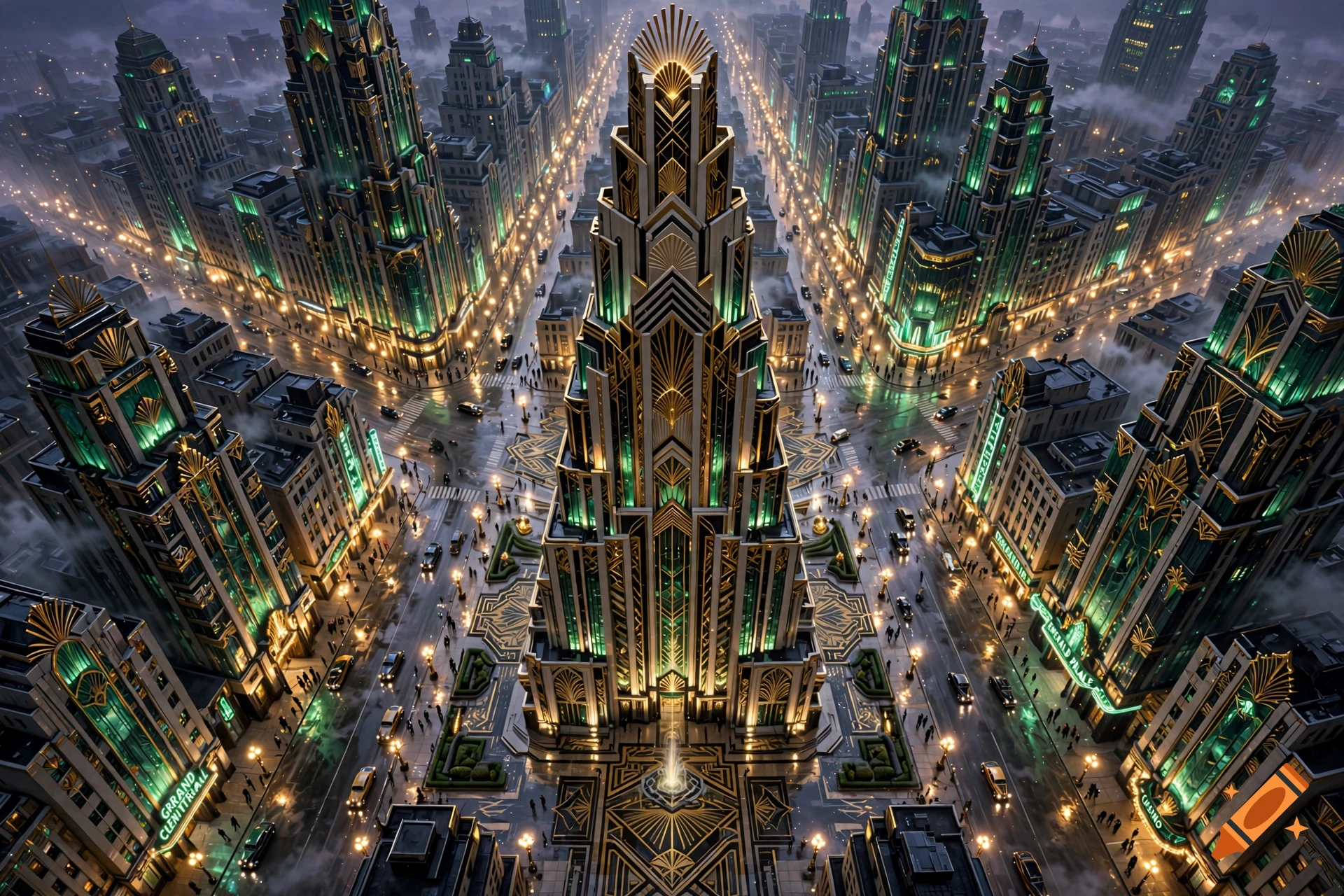 An aerial view of an art deco city with towering emerald and gold buildings and glowing streetlights.
