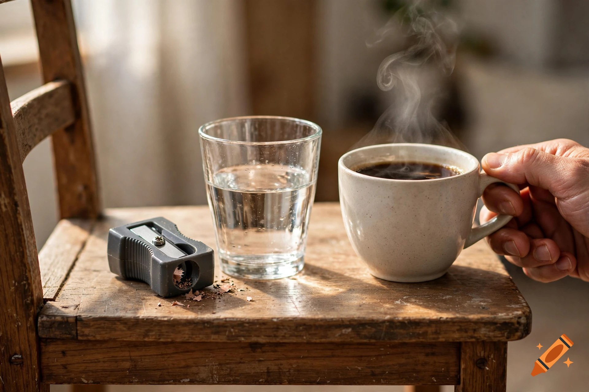 Photorealistic close-up of a wooden chair with a sharpener, a glass of water, and a hand holding a steaming cup of coffee.