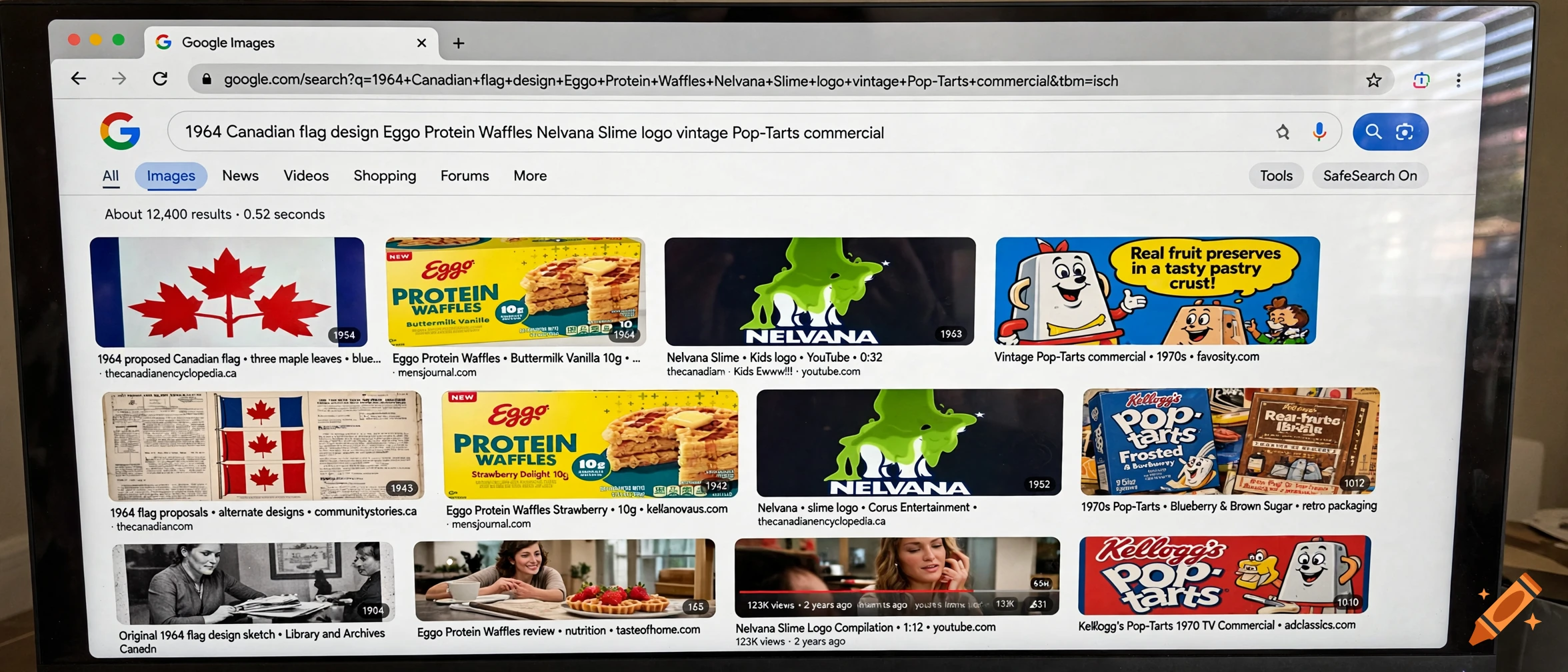 A computer screen showing a Google Images search results page for historical Canadian flags, Eggo waffles, and Pop-Tarts.