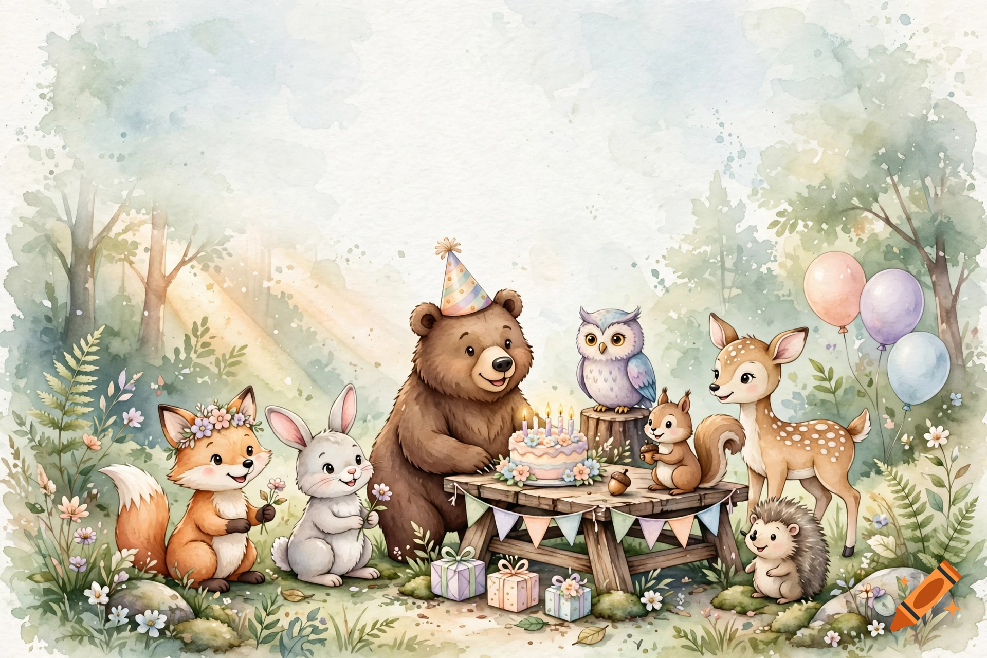 Watercolor illustration of forest animals celebrating a birthday party around a picnic table with a cake and balloons.