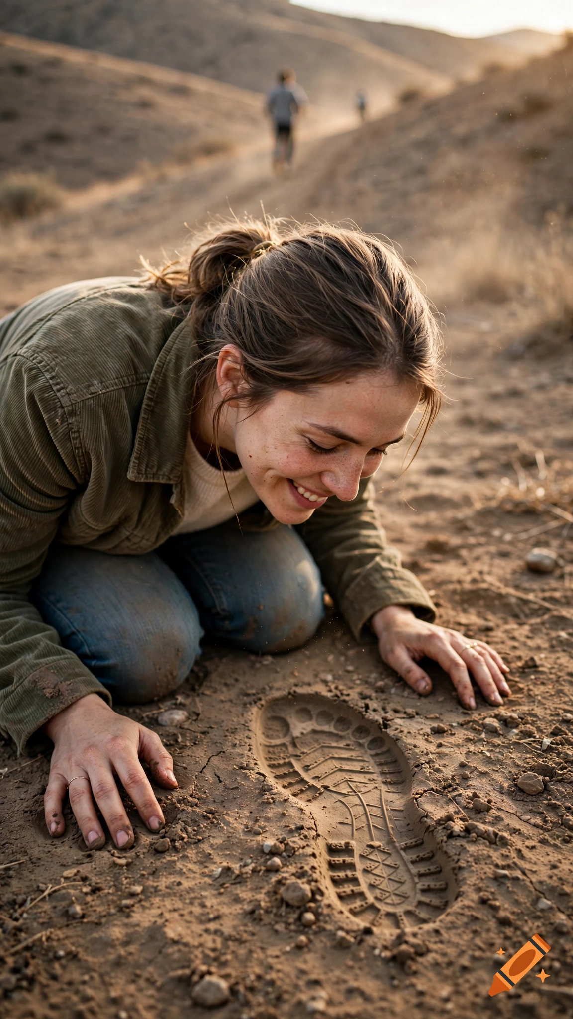 A young woman smiling and looking closely at a boot print in the dirt on a hiking trail, with another person walking in the distance.