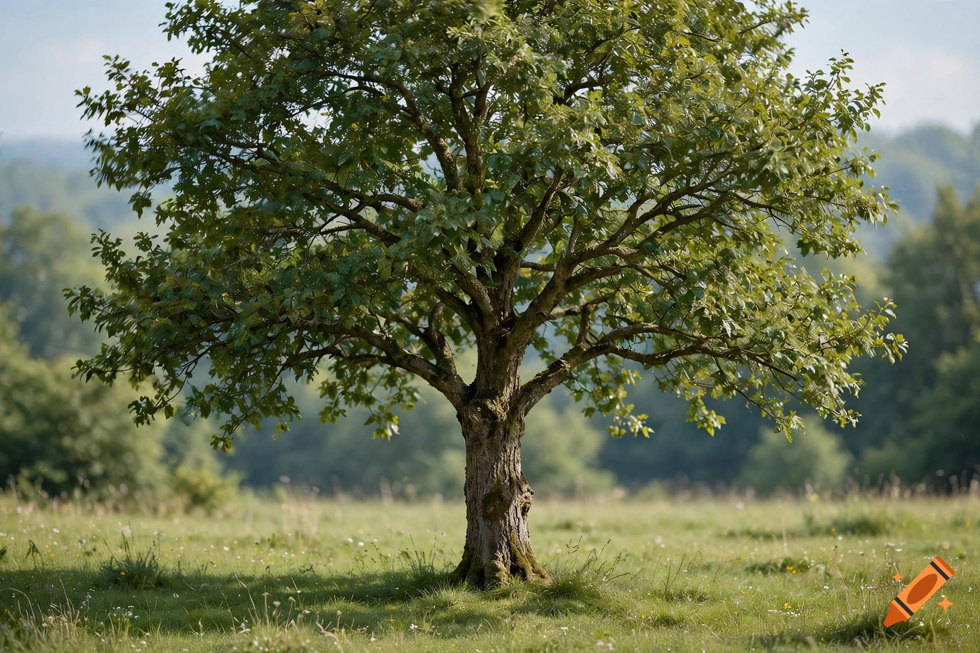 photograph of a lush green tree standing in a grassy field under a bright sky