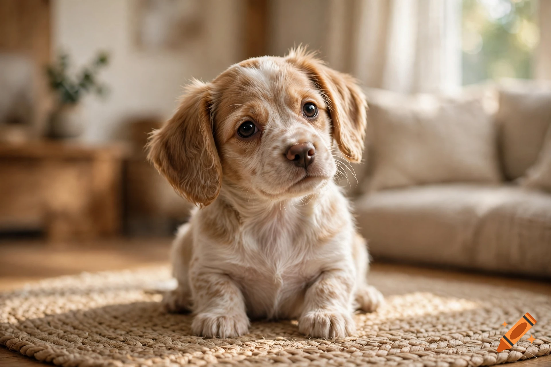 Photorealistic close-up of a cute, small light-brown and white puppy sitting on a woven rug indoors.