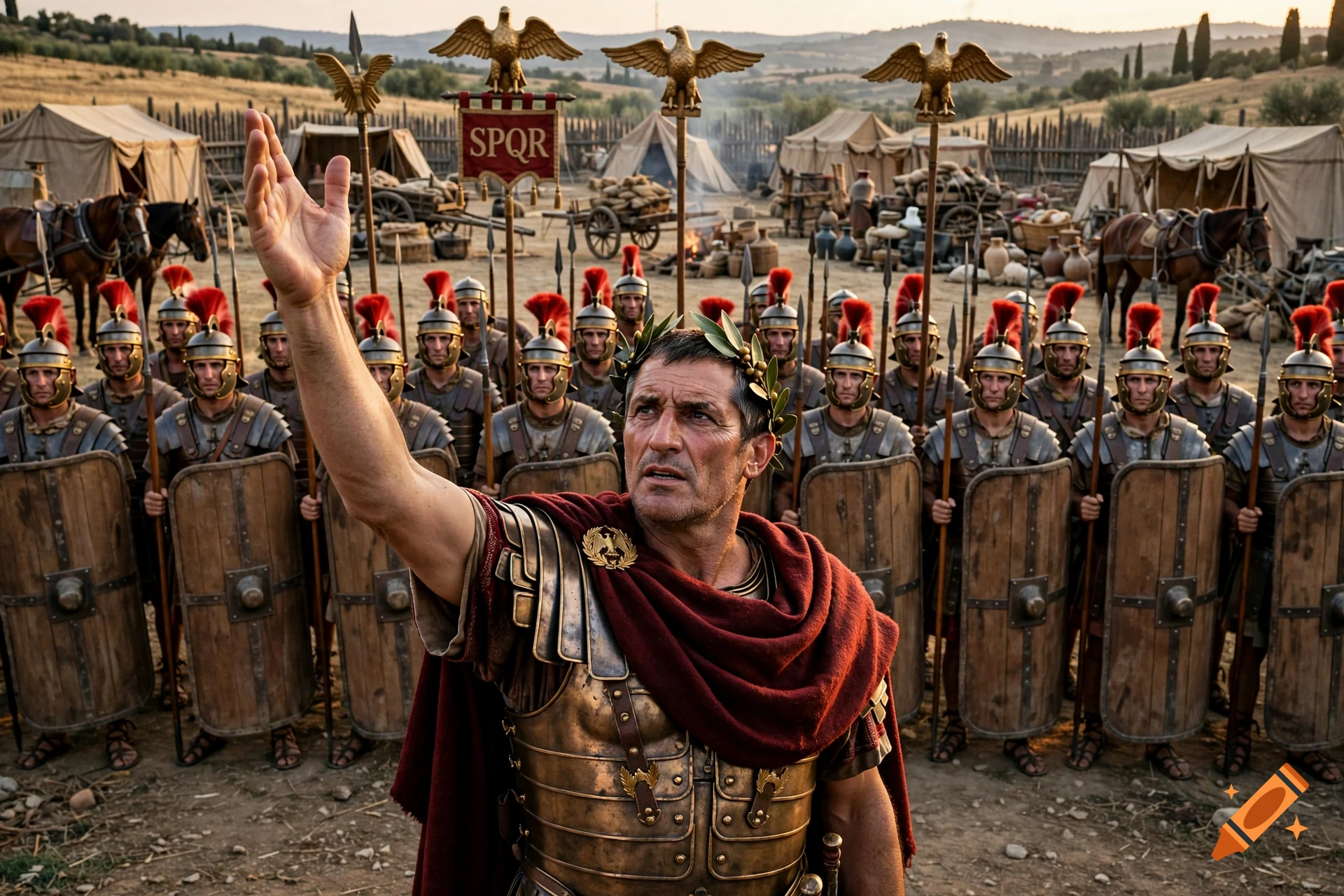 Photorealistic image of Julius Caesar in armor with a red cloak raising his hand before a legion of Roman soldiers in a camp.