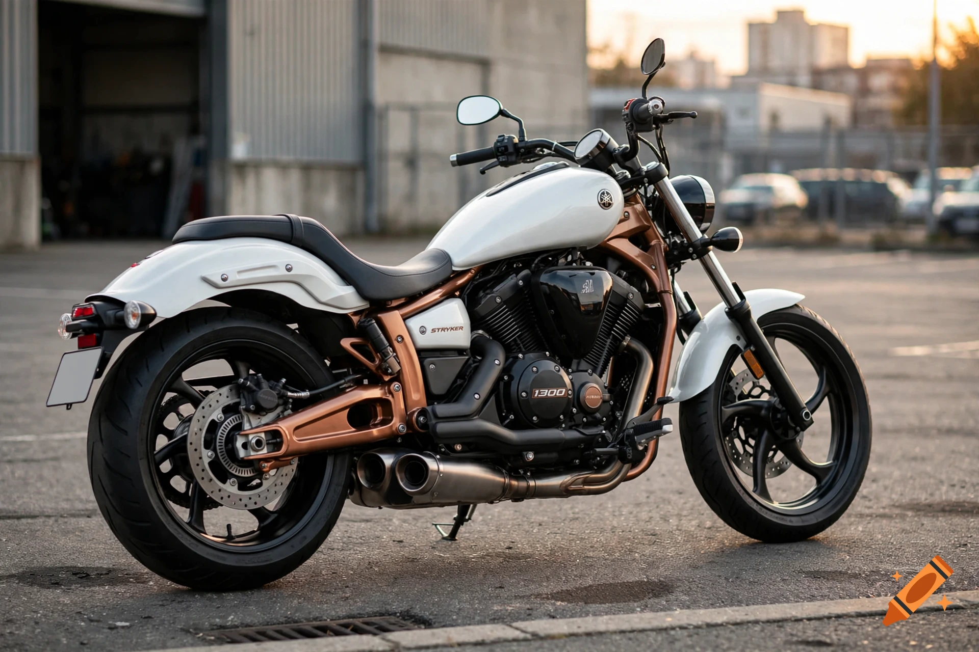 Photorealistic 3/4 rear view of a custom Yamaha Stryker motorcycle with white body and copper frame parked outdoors.