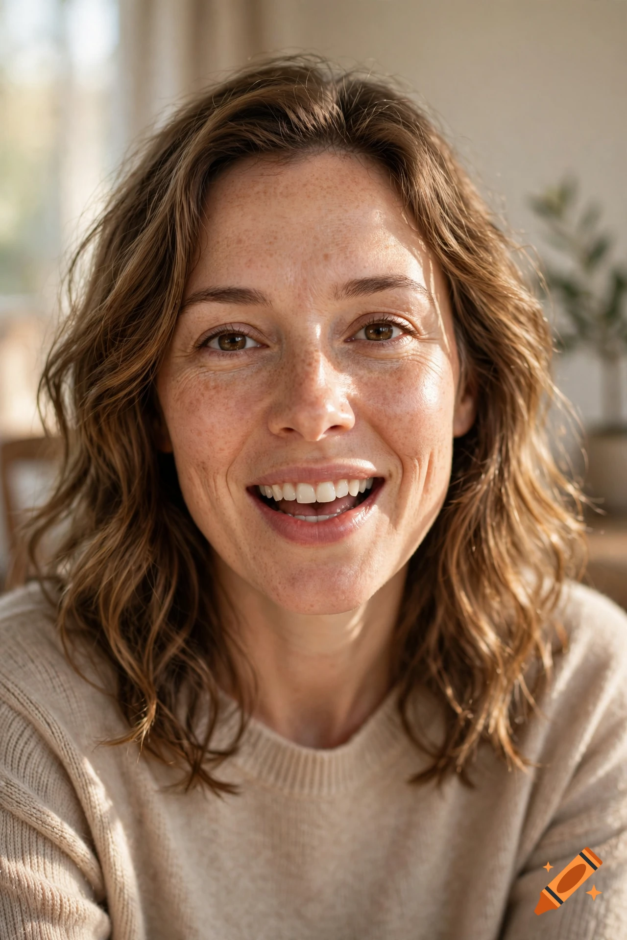 Close-up photorealistic portrait of a smiling woman with freckles and brown hair in a bright interior.