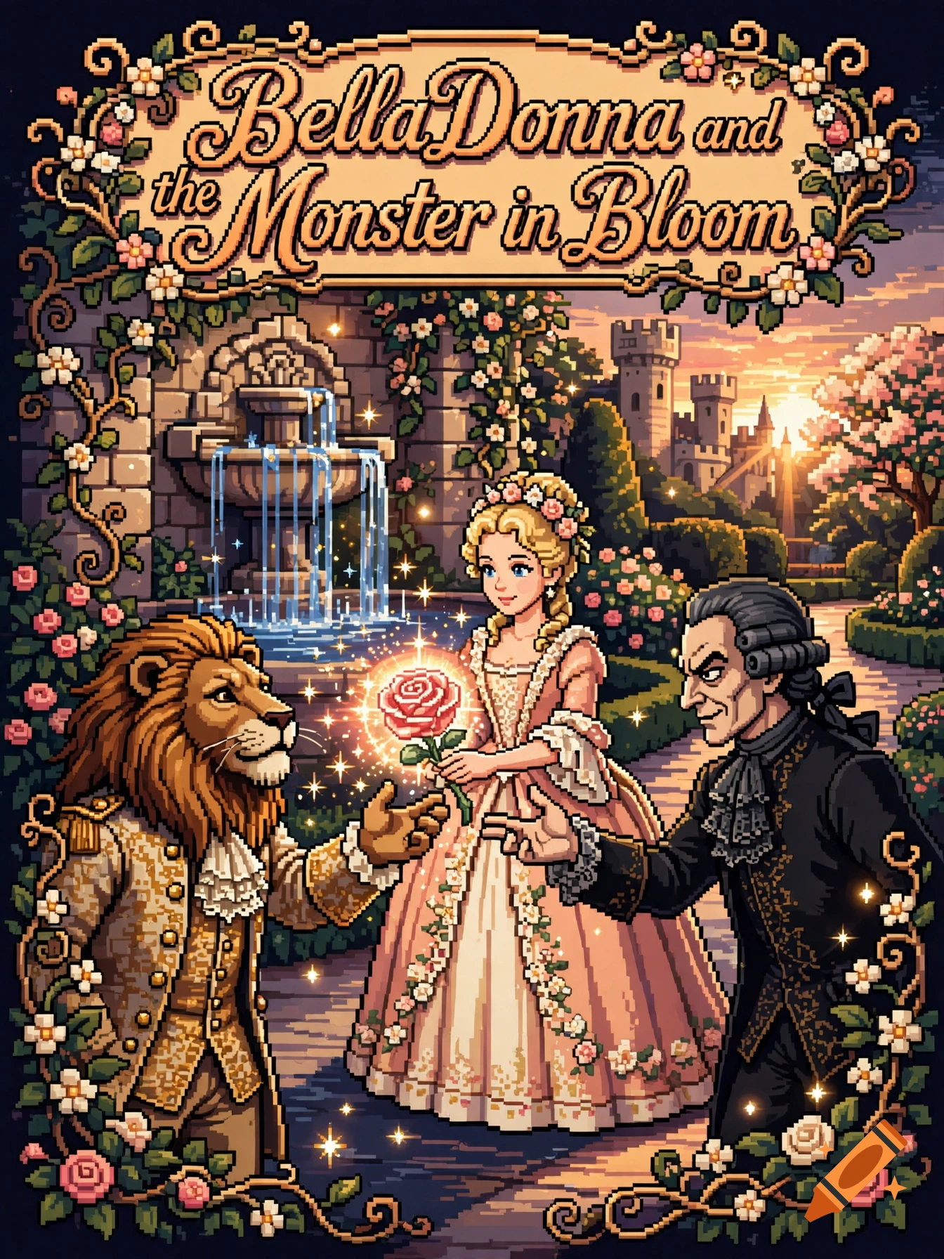 Pixel art video game poster featuring a princess, beast man, and evil man in a castle garden.