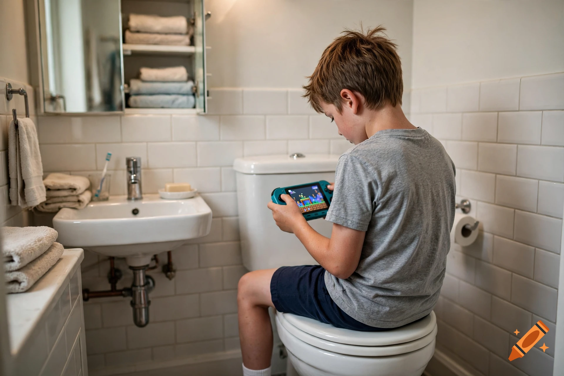 Young boy in a gray shirt sitting backwards on a toilet in a bathroom, playing a handheld video game console.