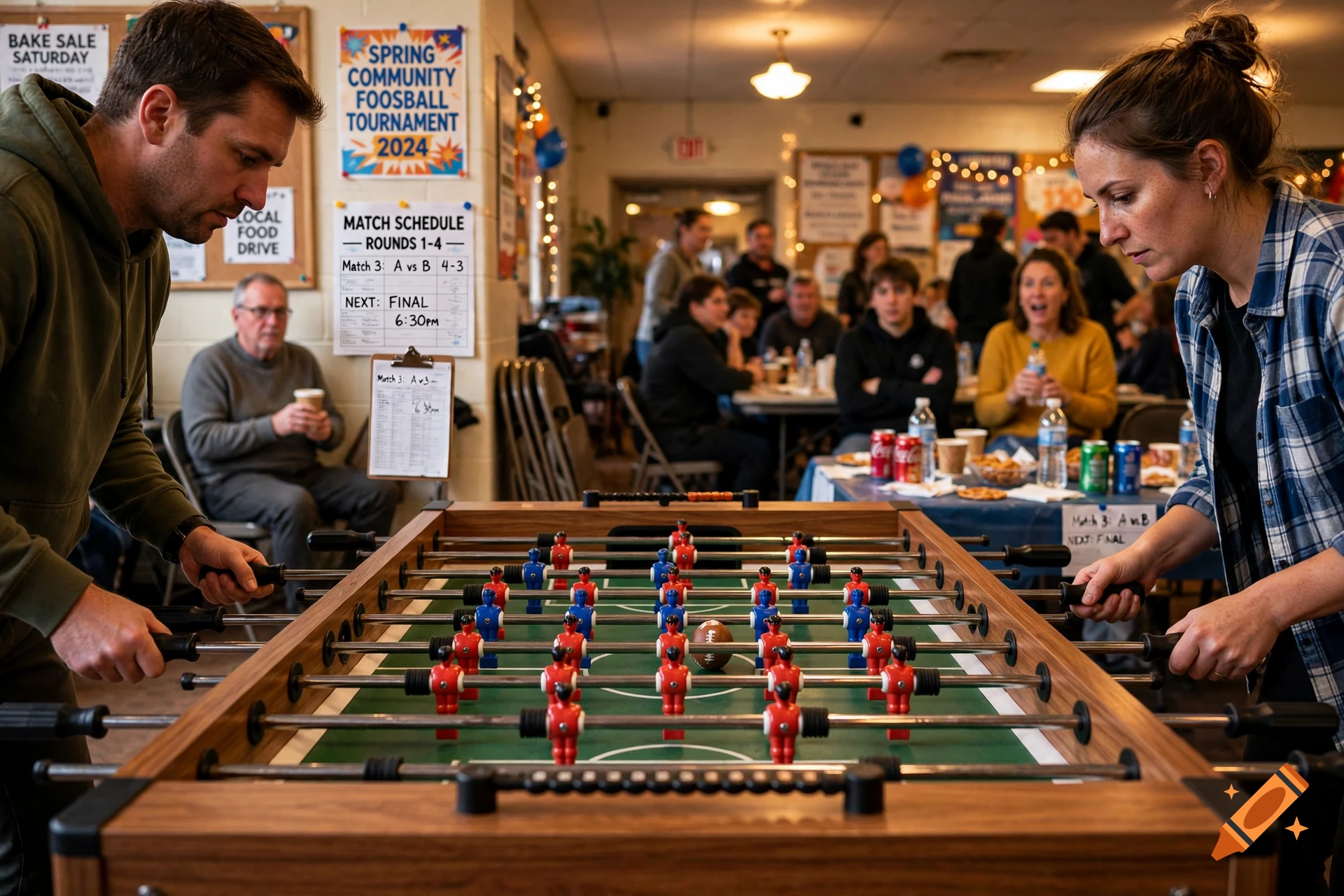 Photorealistic image of a man and woman playing a foosball game in a community hall.