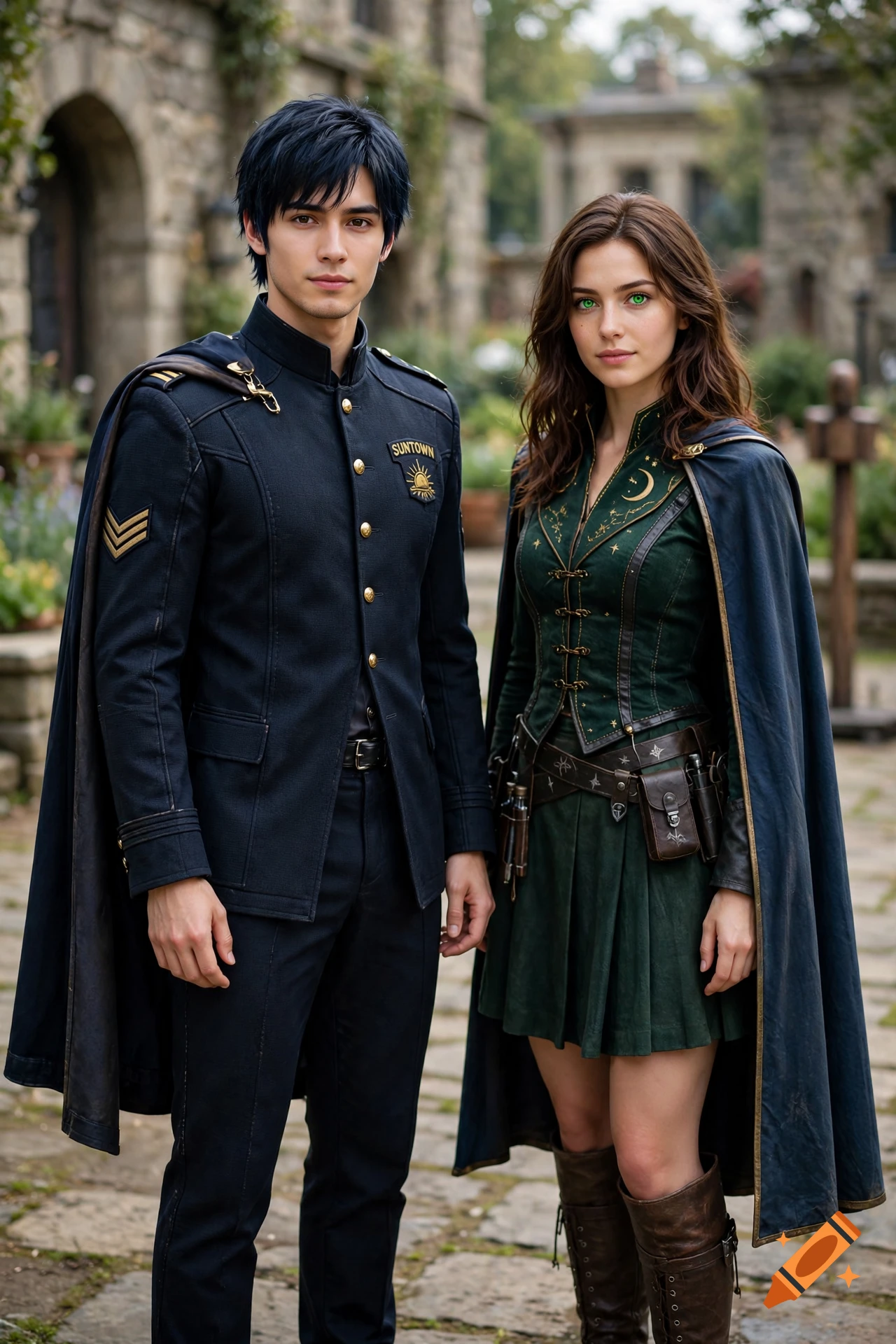 Photorealistic portrait of a young man in a dark military uniform and a young woman in green fantasy attire with a cape outdoors.