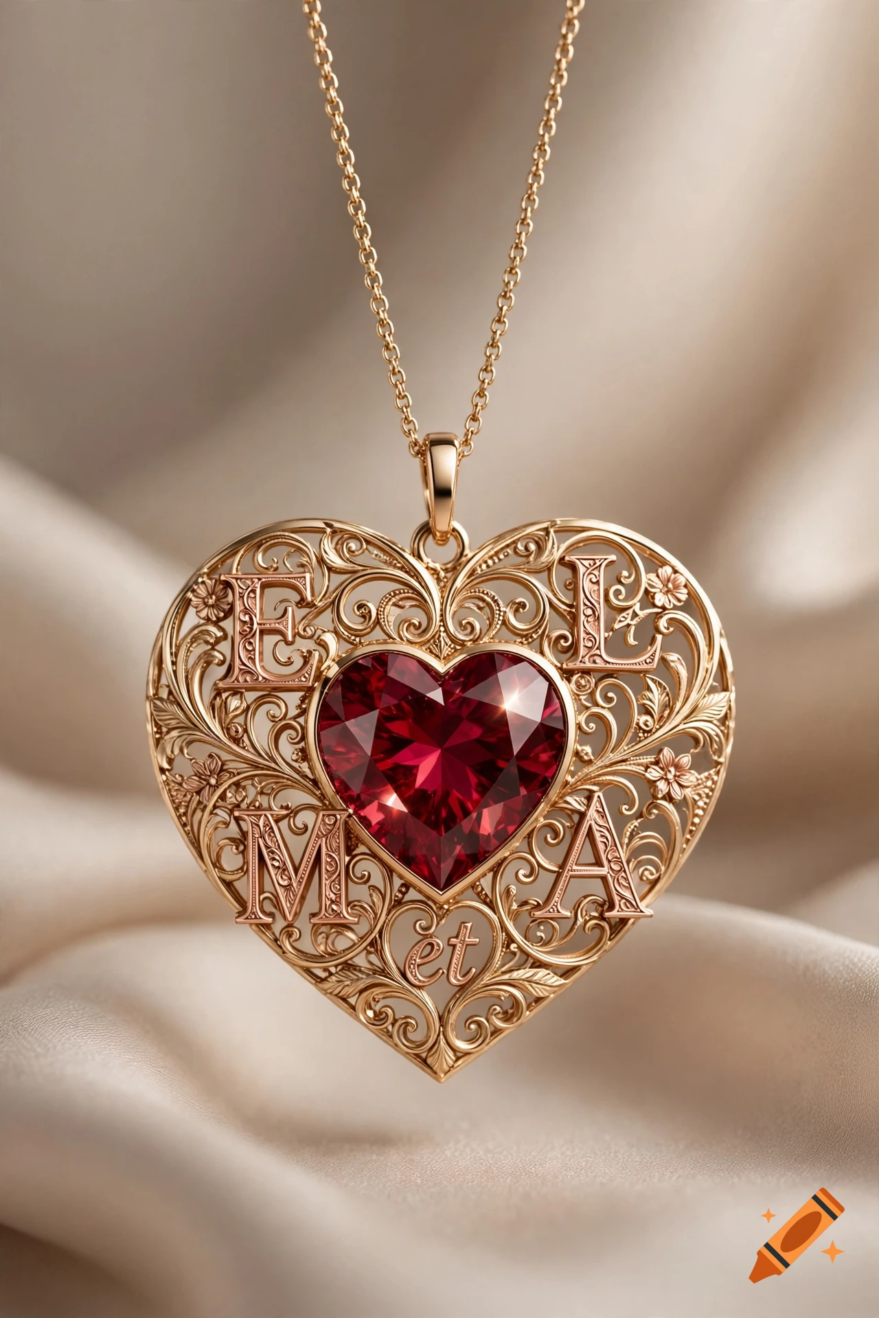 Photorealistic gold heart-shaped locket pendant with a large central ruby and stylized letters E, L, M, A.