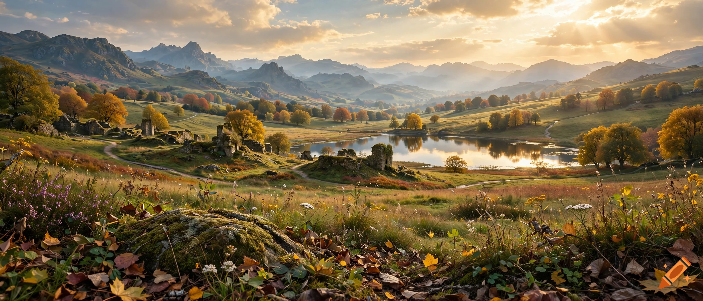 Photorealistic landscape of a mountain valley with a serene lake, autumn foliage, and ancient ruins under a cloudy sky.