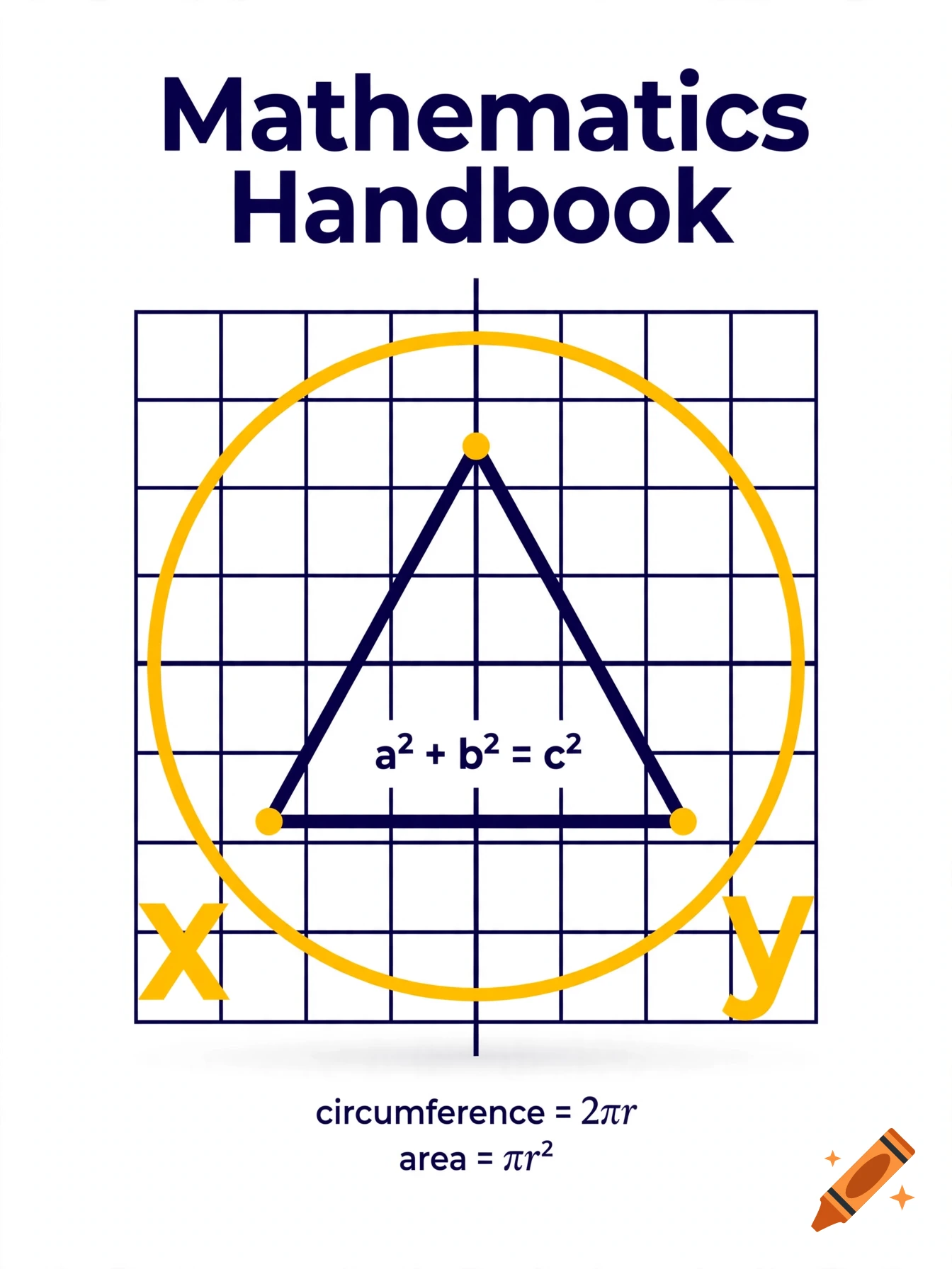 Mathematics handbook cover with a vector style grid, a triangle inscribed in a circle, and math formulas.