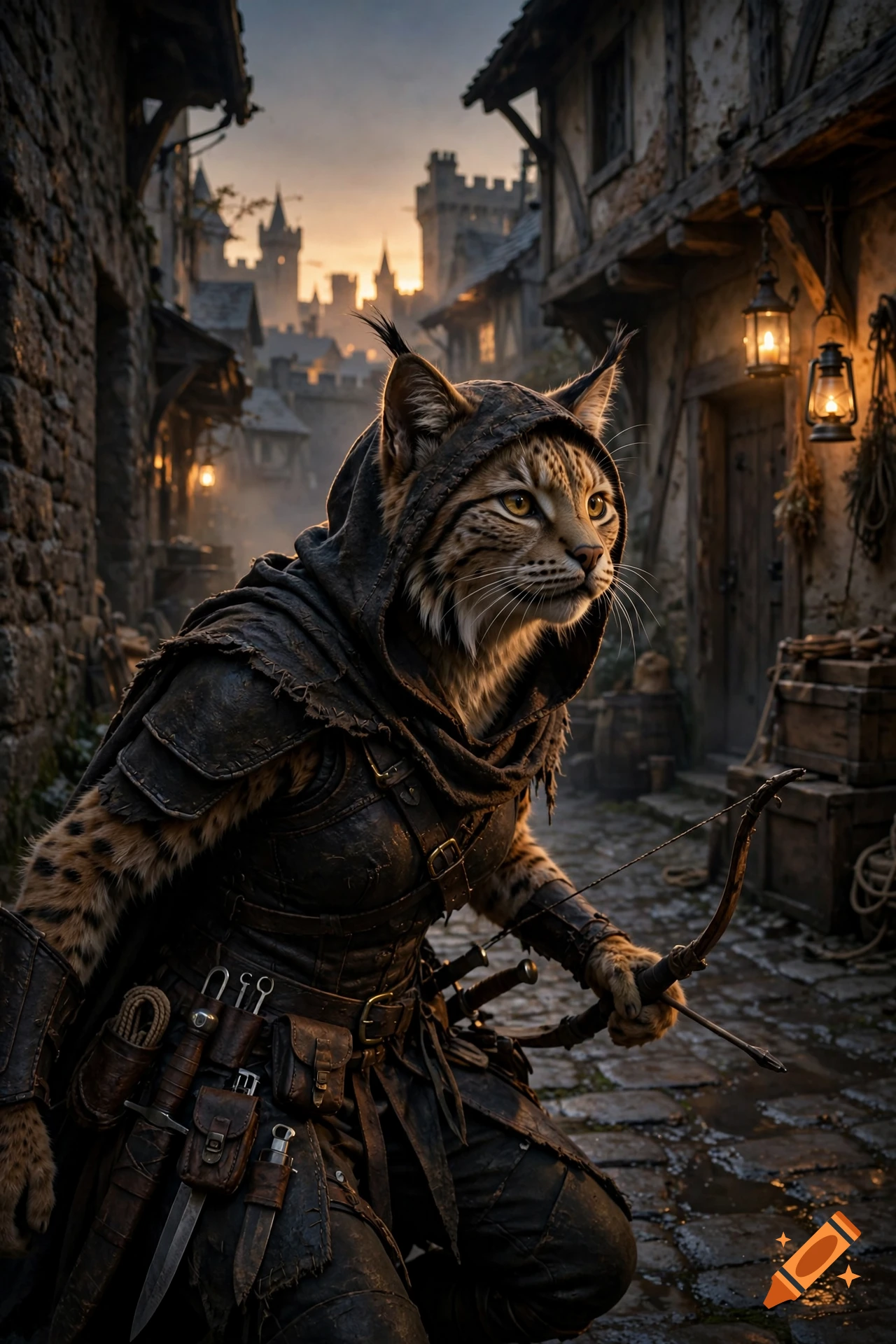 A photorealistic depiction of a female tabaxi rogue with lynx ears crouching in a medieval alleyway at dusk, holding a shortbow.