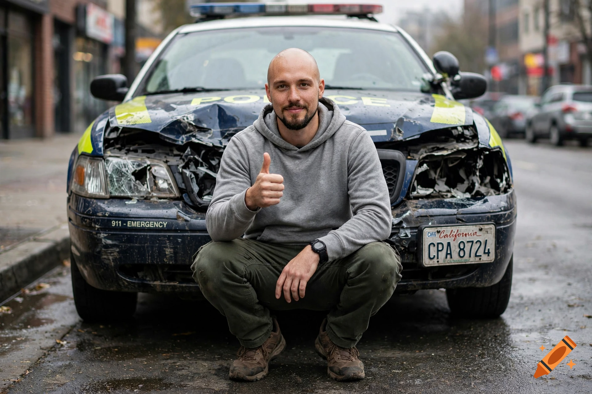 A bald man with a beard squats in front of a damaged police car, giving a thumbs up. Photorealistic.