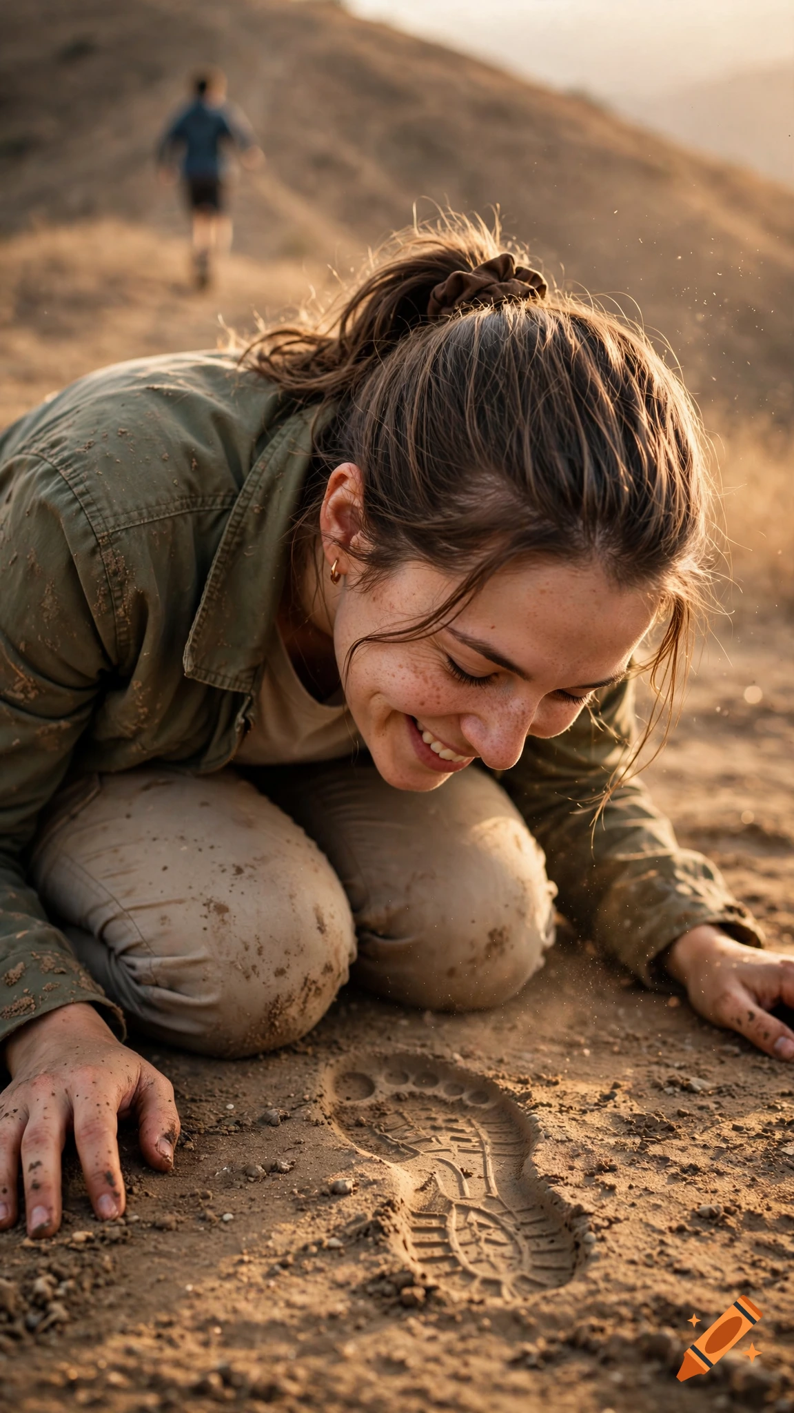 Photorealistic image of a smiling young woman kneeling on a dirt path, looking at a boot print in the dirt, with a man running in the background.