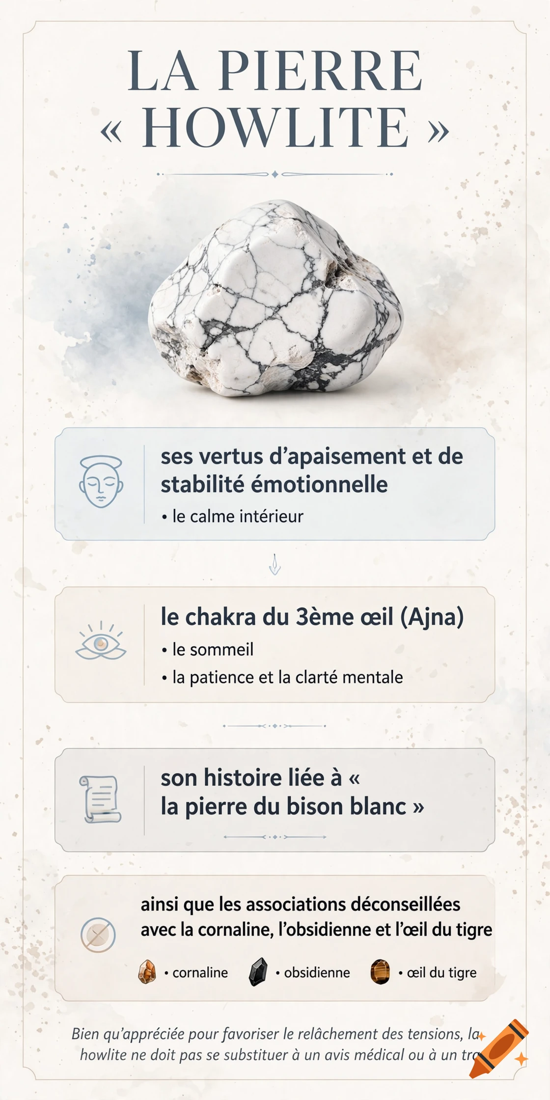 An informational card about howlite stone featuring a white marbled mineral, icons, and French text.