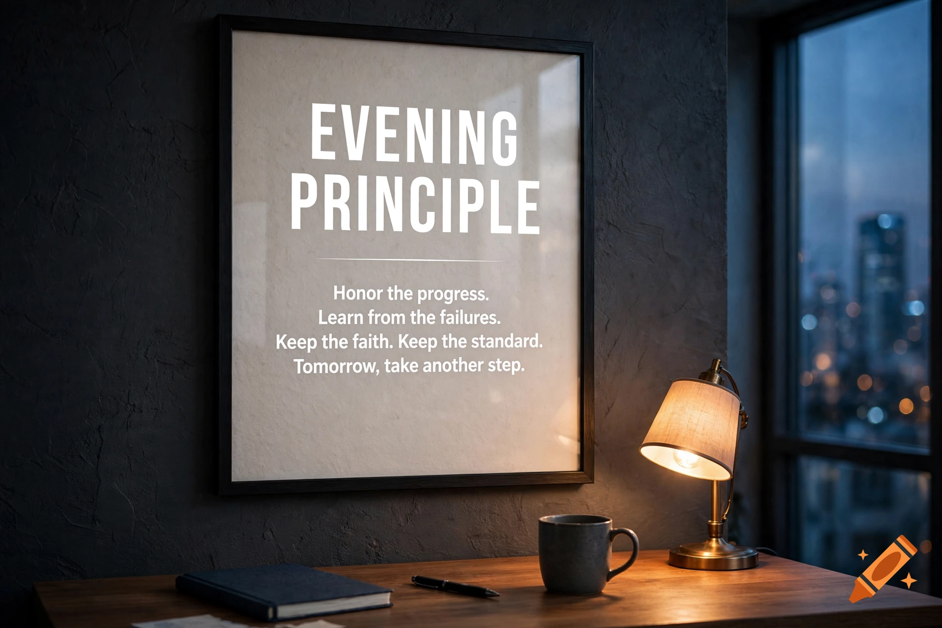 Photorealistic desk setup with a framed motivational quote poster, a lamp, a mug, and a notebook against a dark wall.
