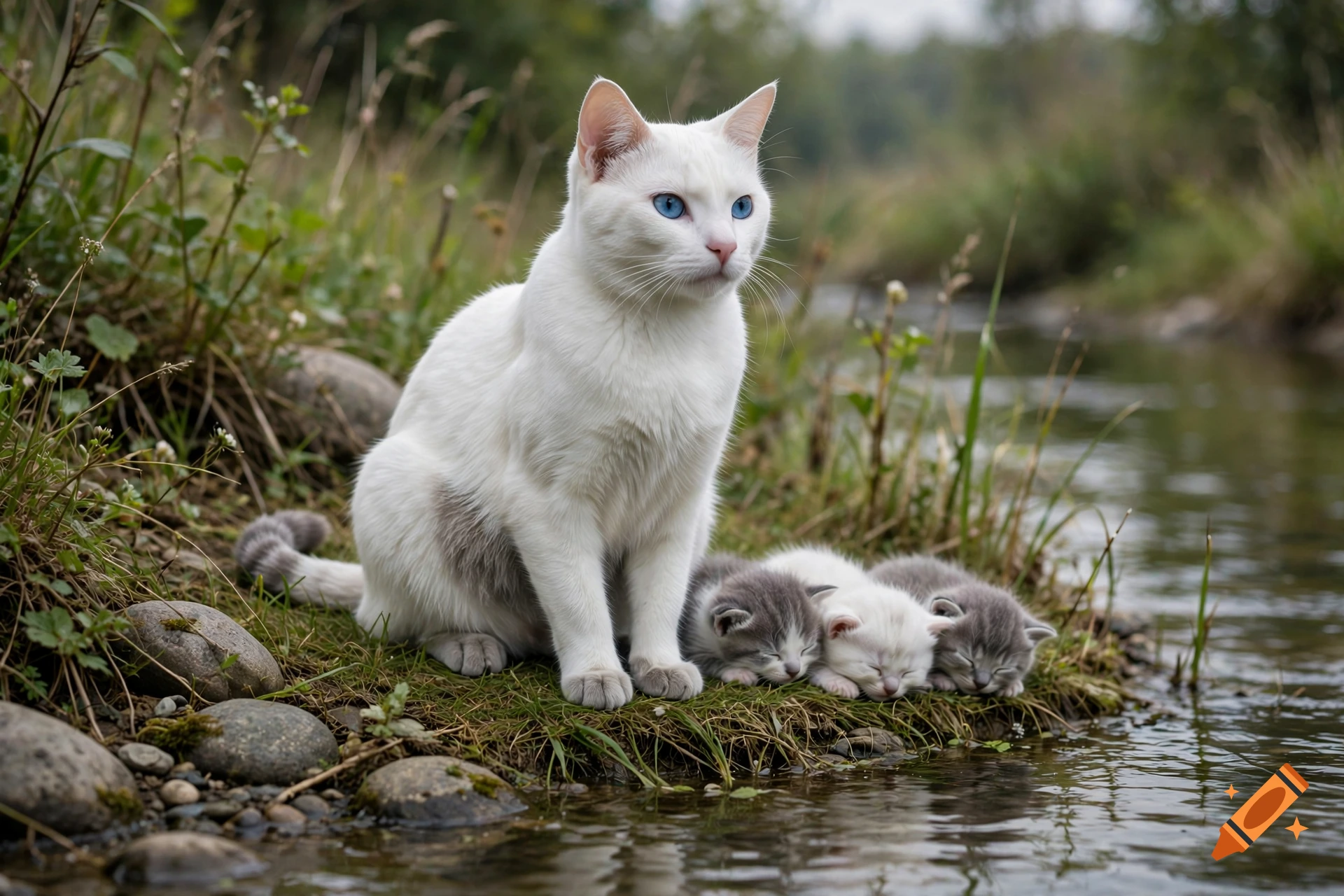 Photorealistic white cat with blue eyes and gray markings sitting by a riverbank with three tiny kittens.