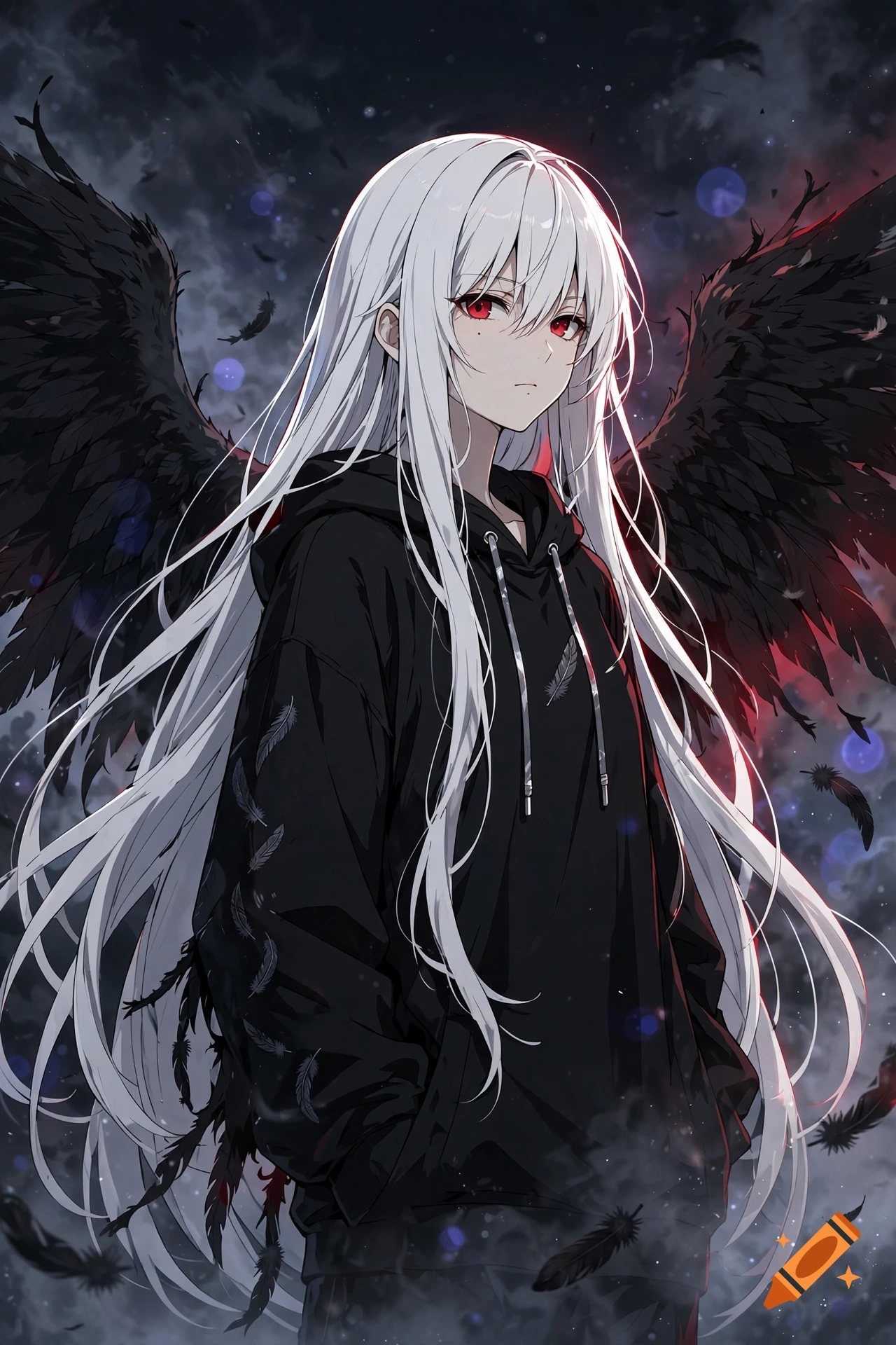 Anime style illustration of a cool girl with long white hair, red eyes, and large black feathered wings, wearing a black hoodie.