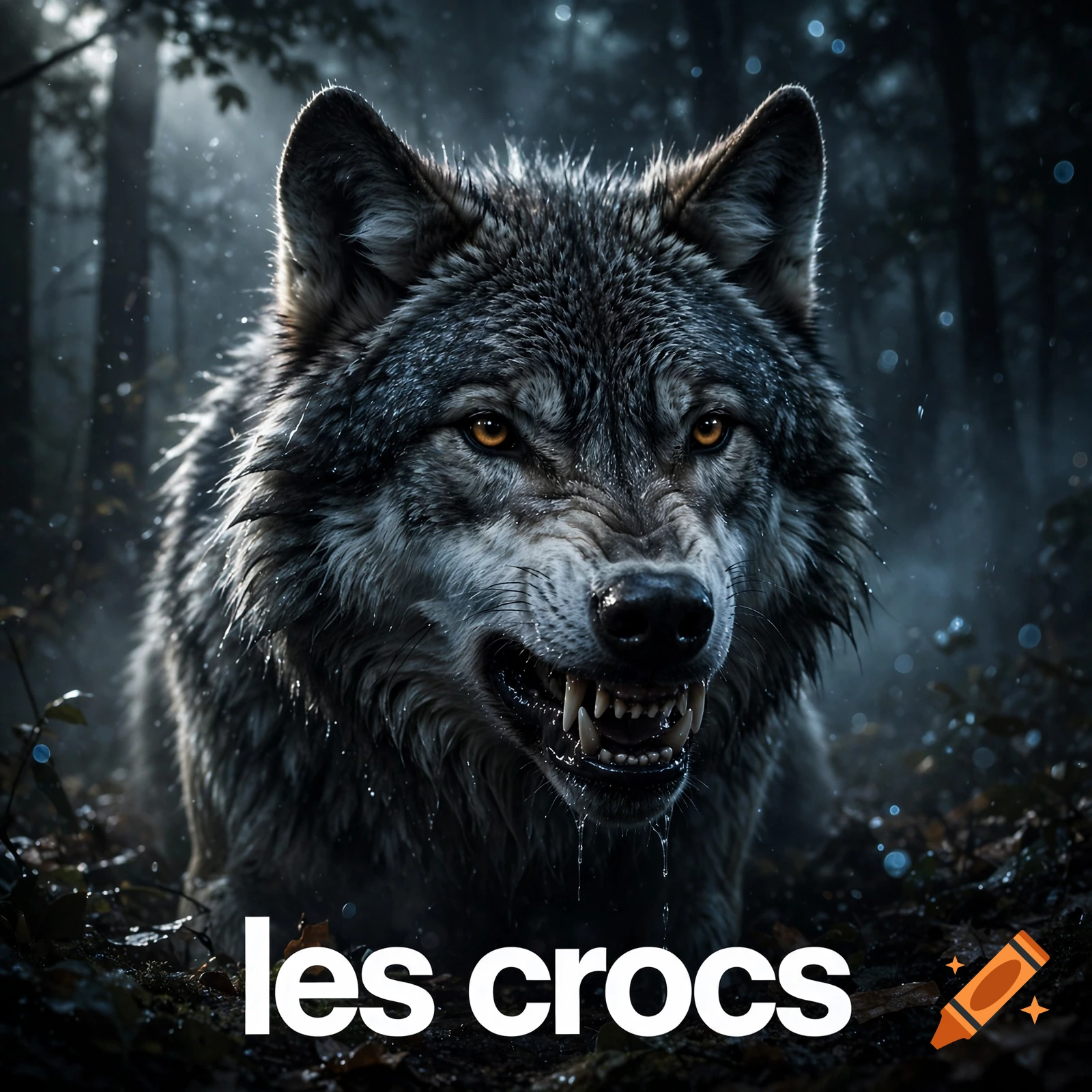 Close-up of a snarling grey wolf in a dark, misty forest with the text 'les crocs' at the bottom.
